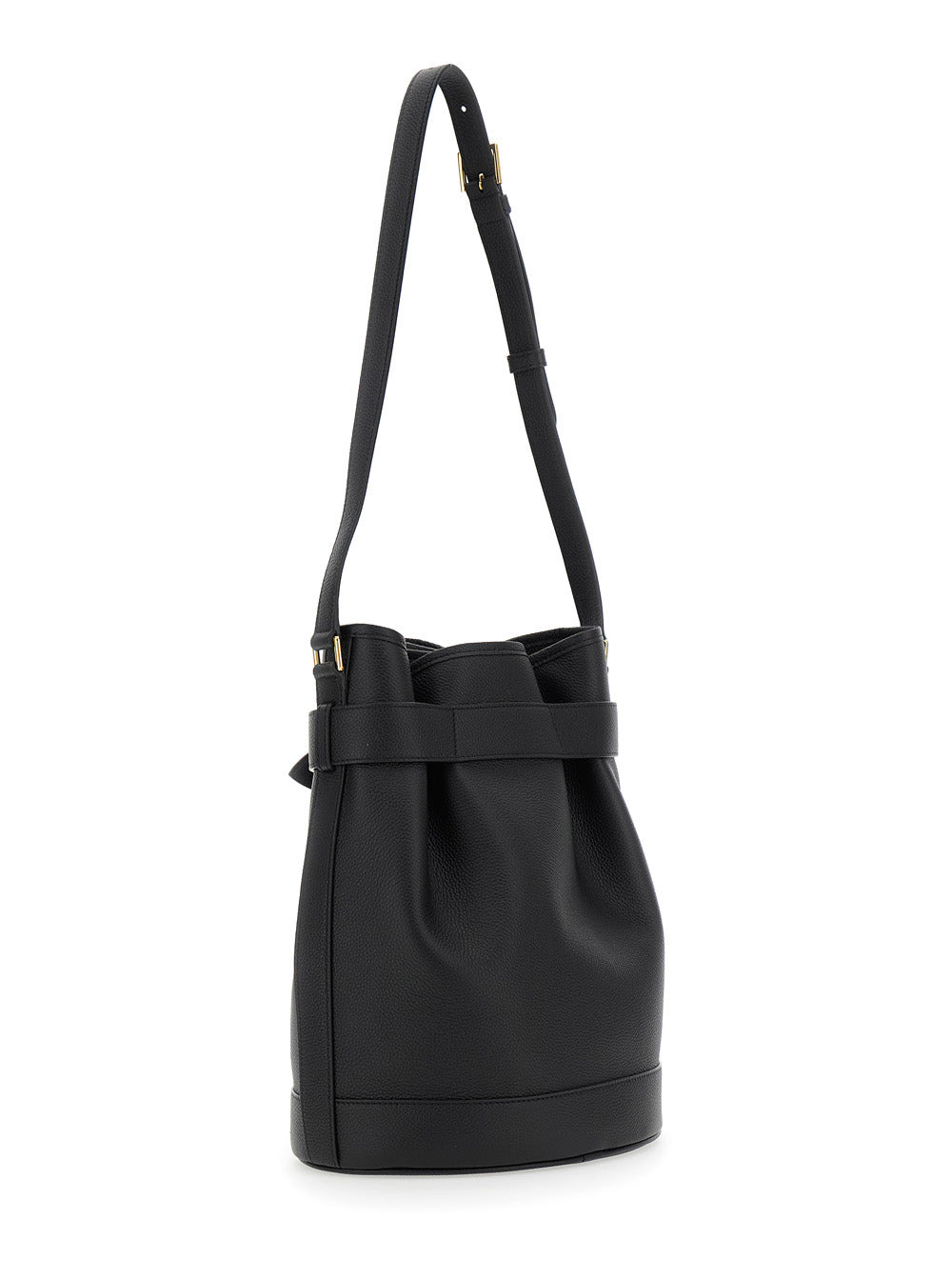 Tom Ford Women Black Medium Bucket Bag With Adjustable Shoulder Strap And Buckle Closure In Grained  - 3