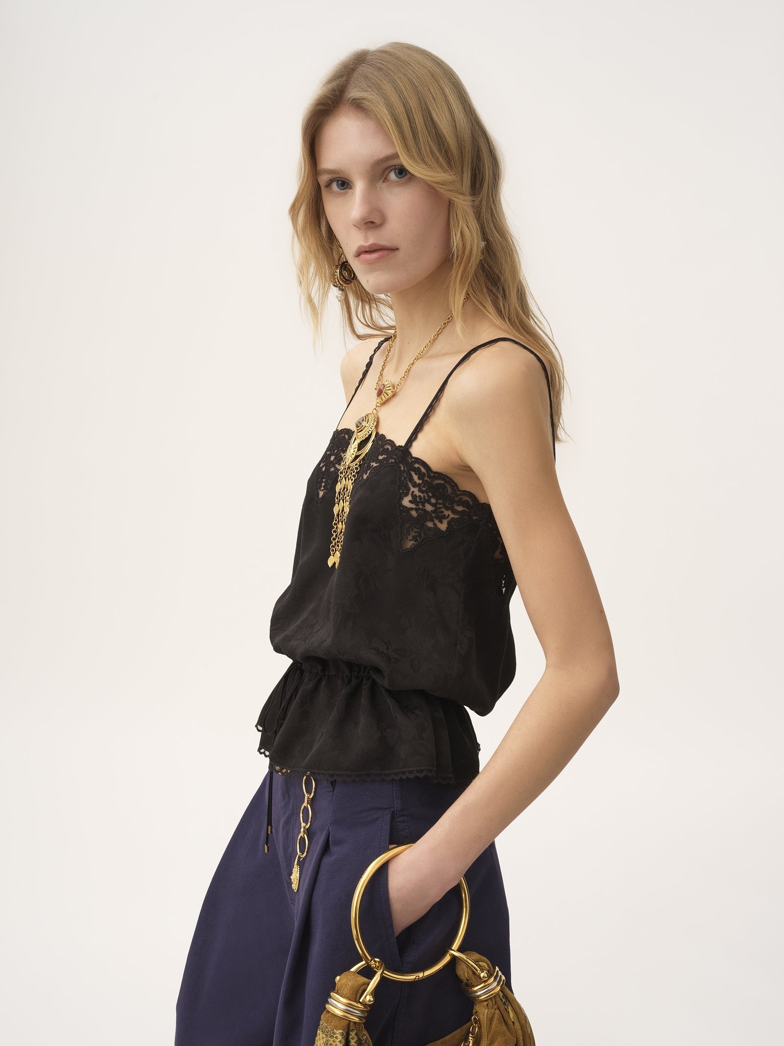 DRAWSTRING CAMISOLE TOP IN SILK JACQUARD & LACE - 6