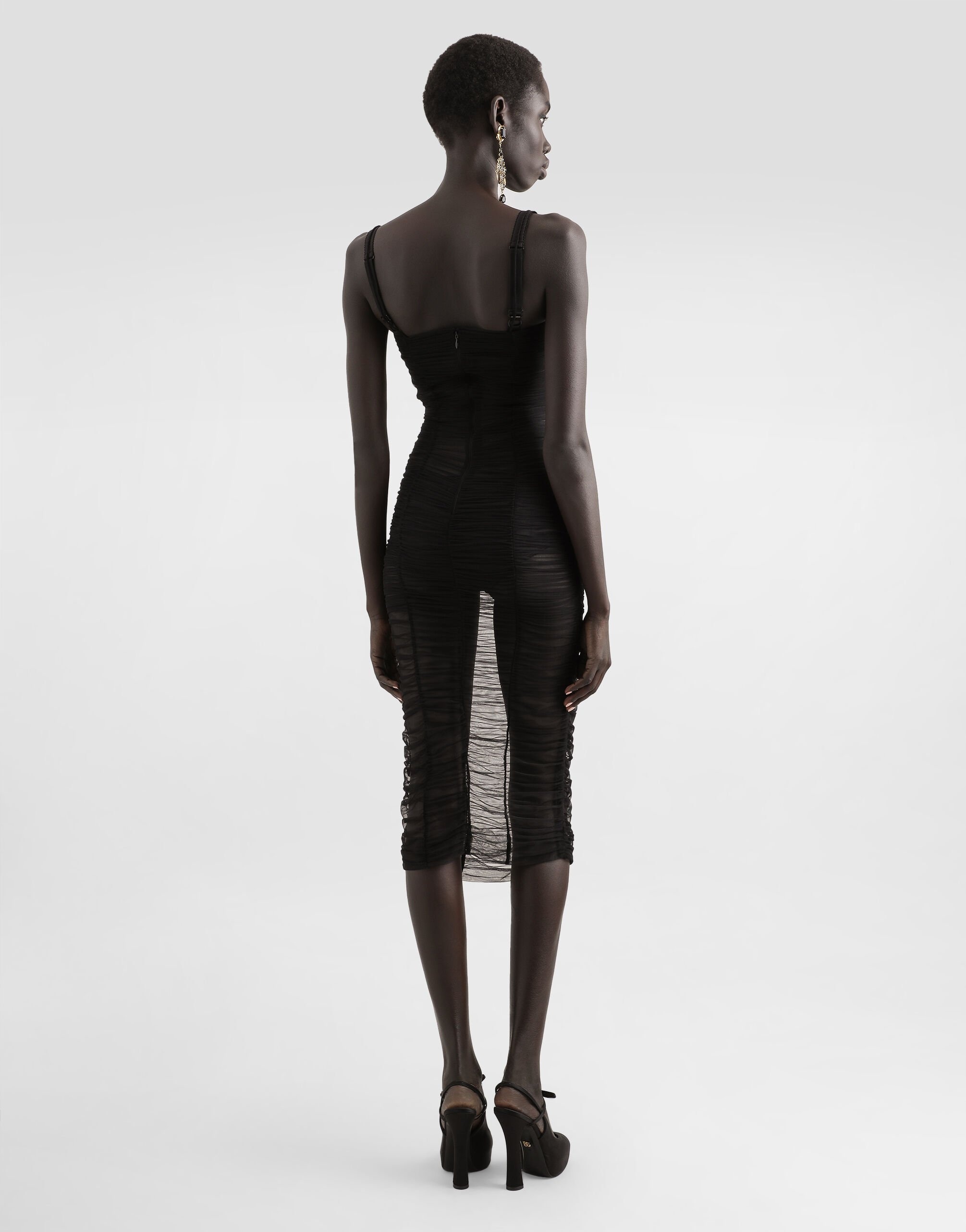Tulle calf-length dress with draping - 3