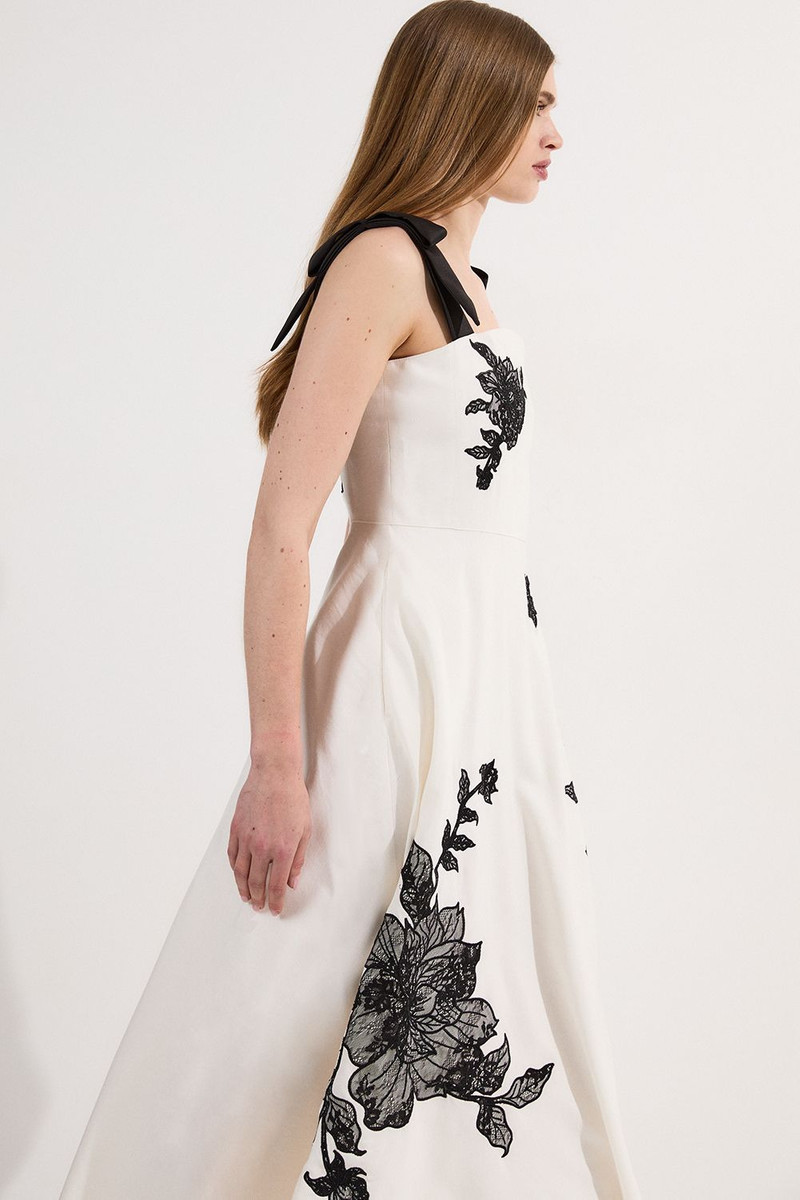 KAREN MILLEN Viscose Linen Placed Floral Lace Embroidered Strappy Midi Dress outlook