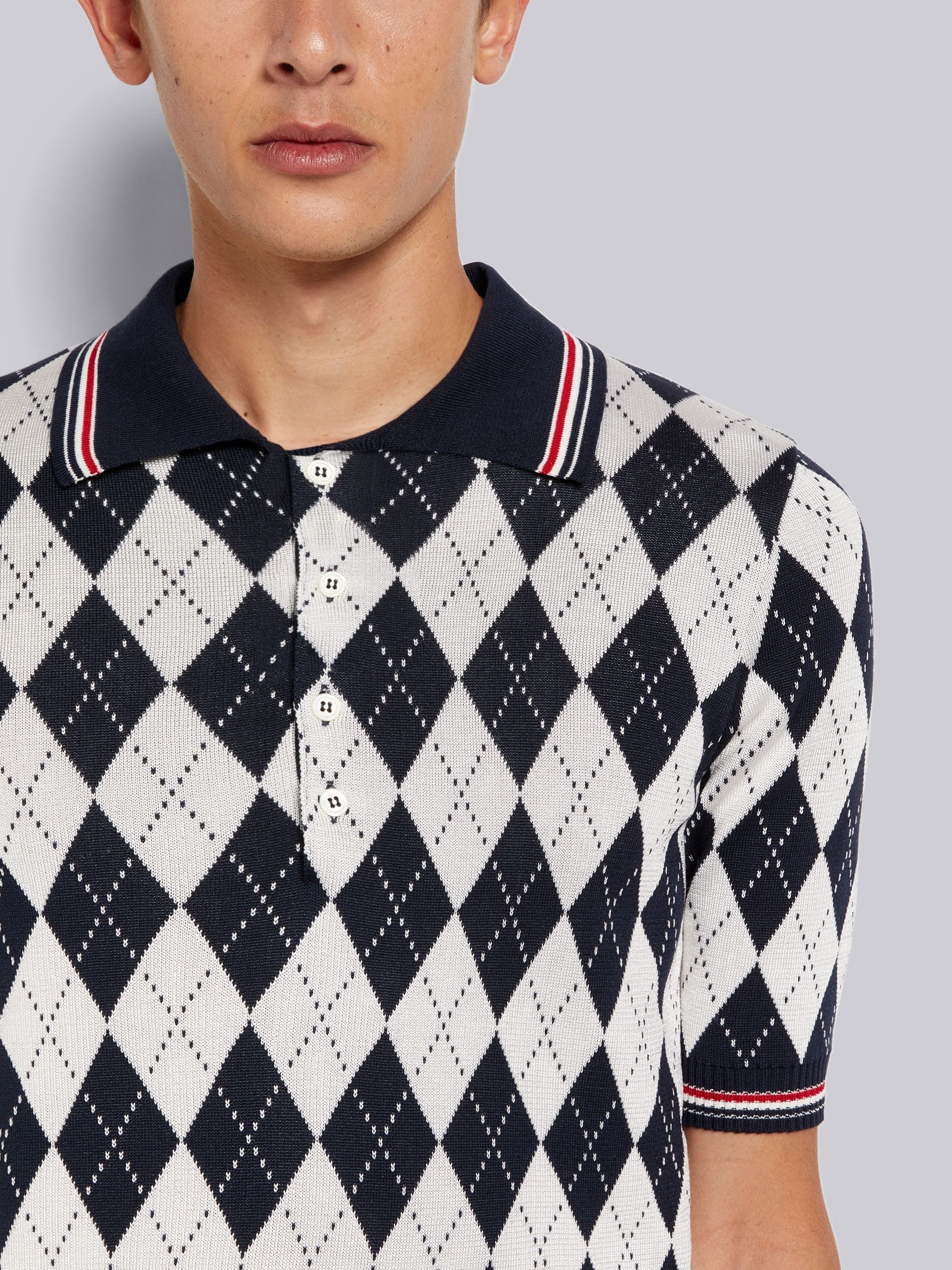 Navy Argyle Cotton Silk Stripe Tipping Polo - 5