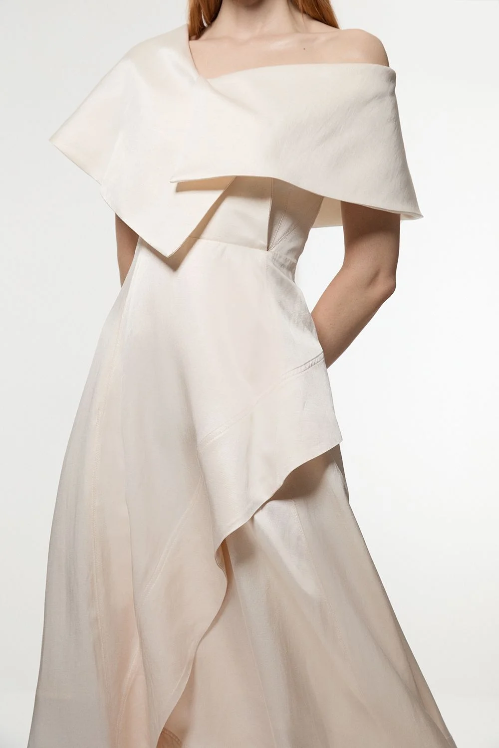 Premium Viscose Linen Tailored Asymmetric Shoulder Full Midi Dress - 1