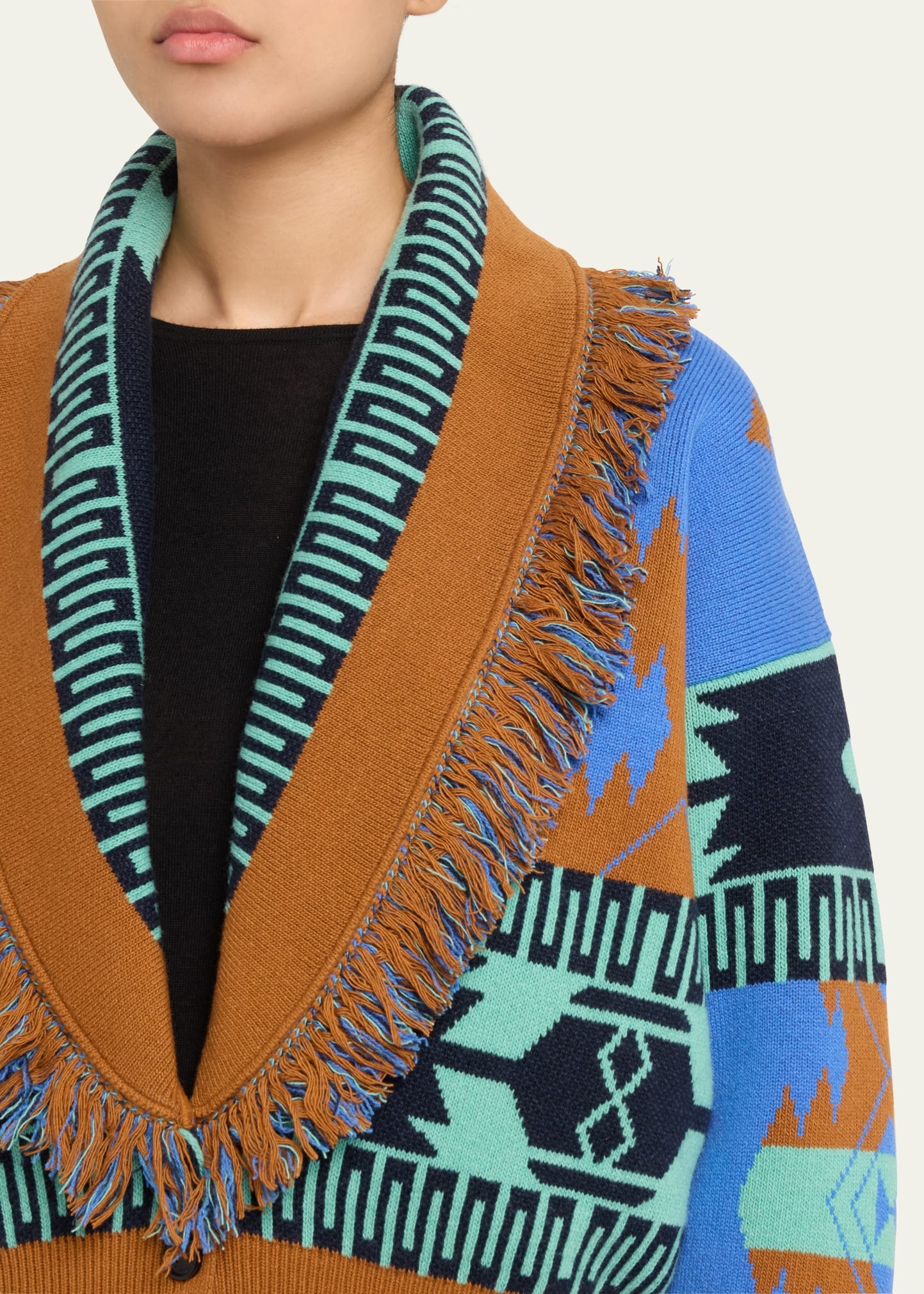 Icon Jacquard Fringe Wool Cashmere Bomber Cardigan - 5