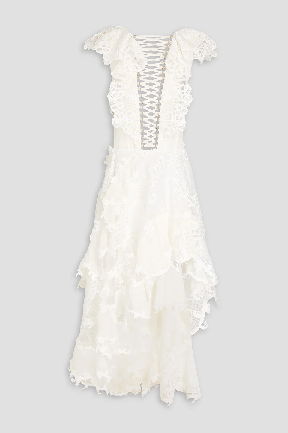 Linen and silk-blend gauze, guipure lace and tulle dress - 1