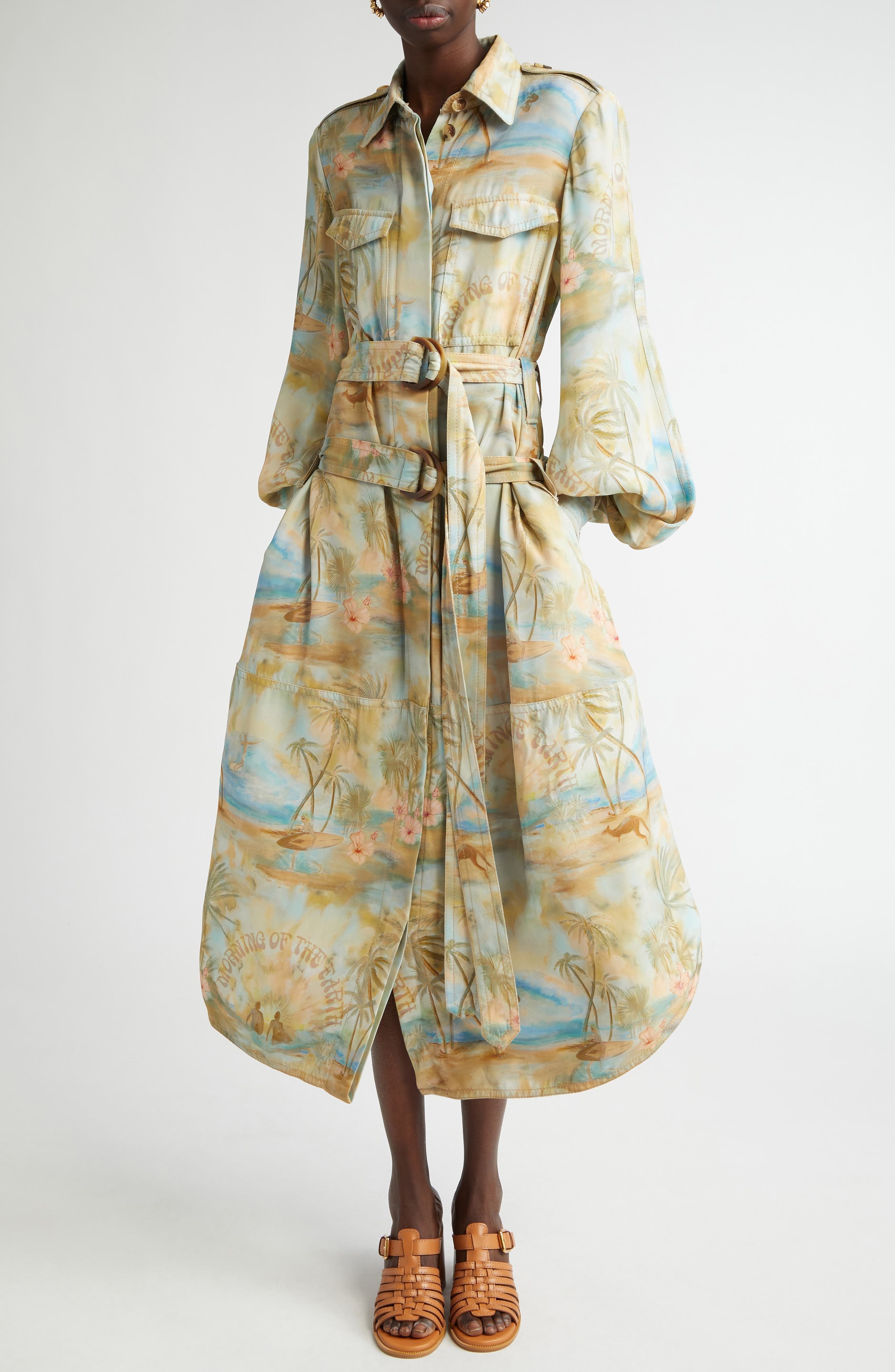 Zimmermann Tropical Print Long Sleeve Belted Cargo Shirtdress in Blue Morning at Nordstrom - 1