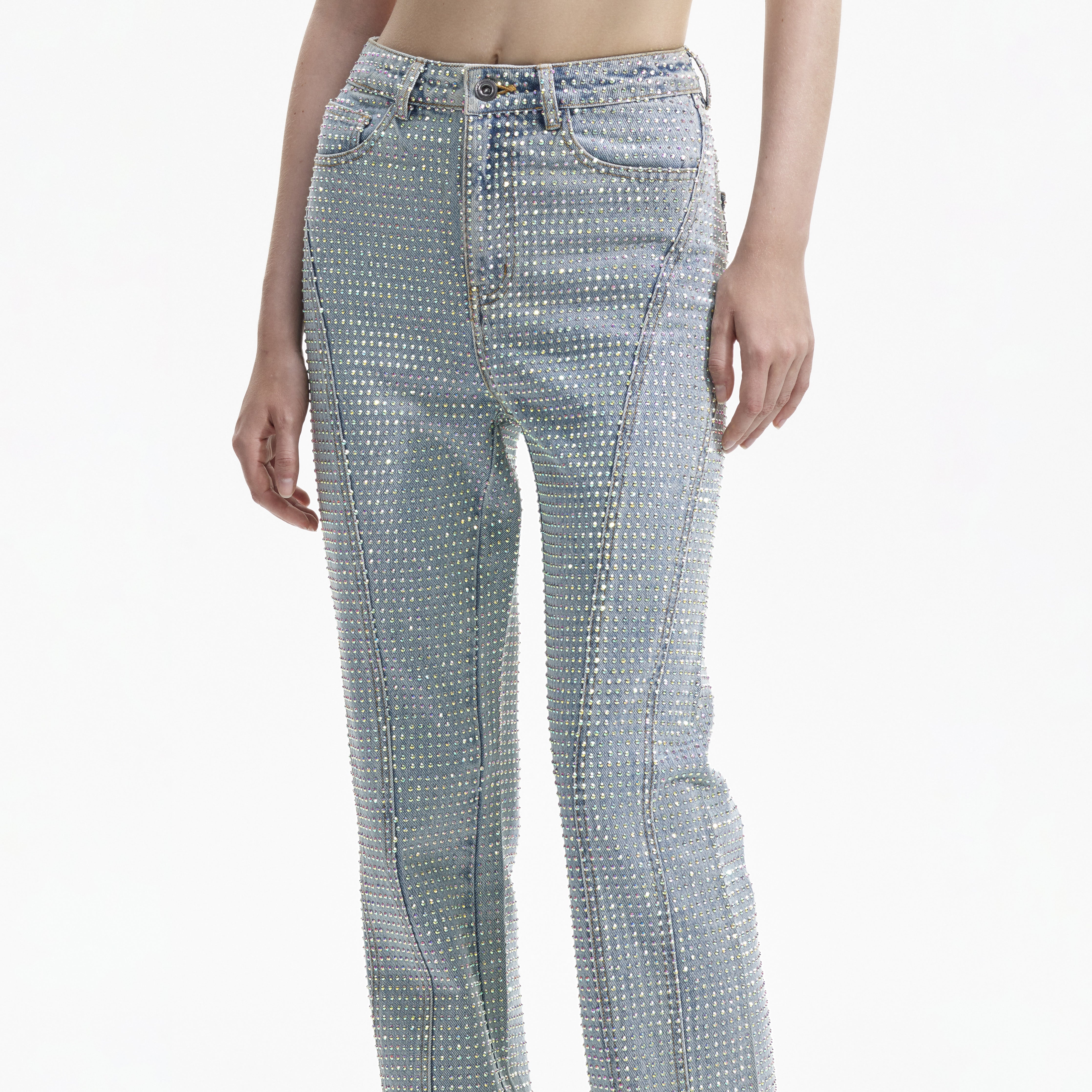 Blue Shorter Length Rhinestone Denim Jeans - 4