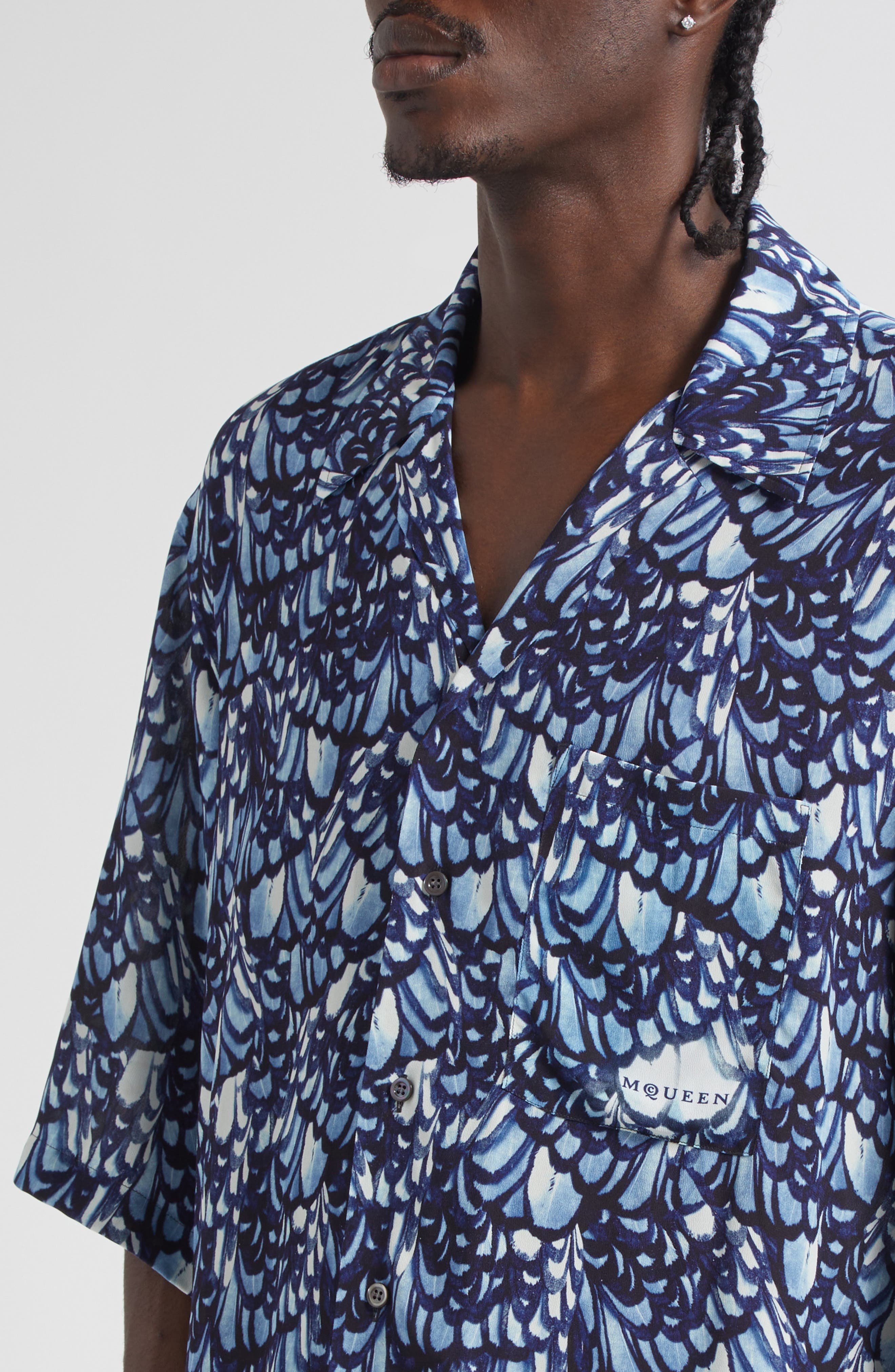 McQueen Feather Print Boxy Camp Shirt in Blue at Nordstrom - 4