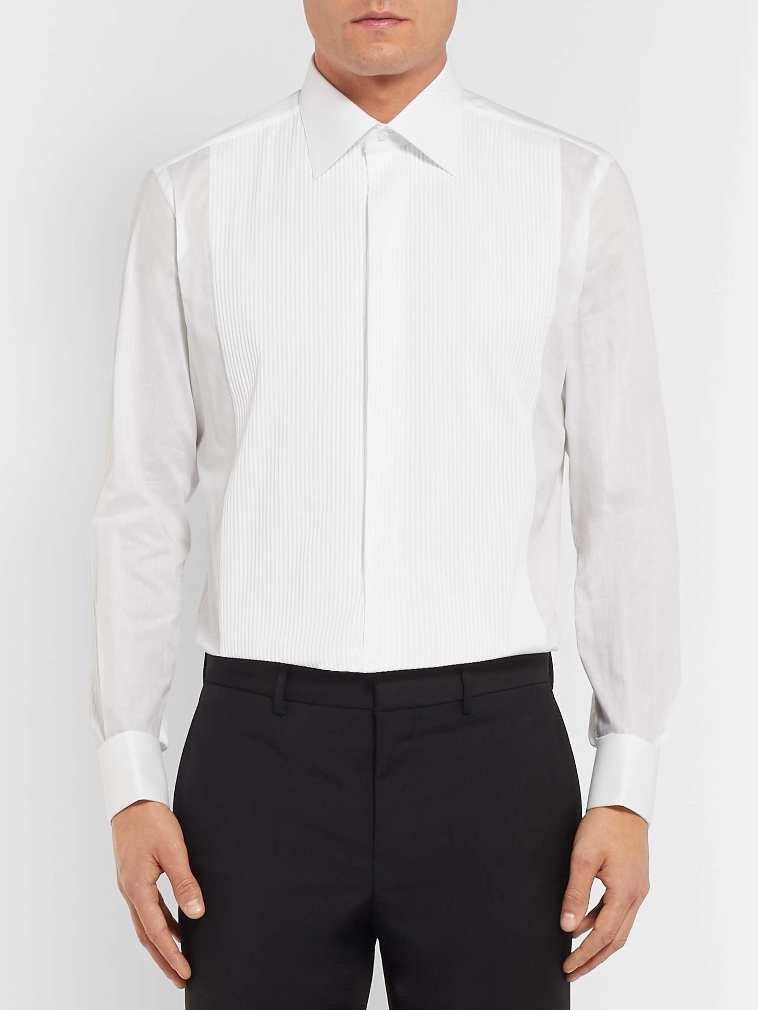 White Slim-Fit Bib-Front Double-Cuff Cotton-Voile Shirt - 4