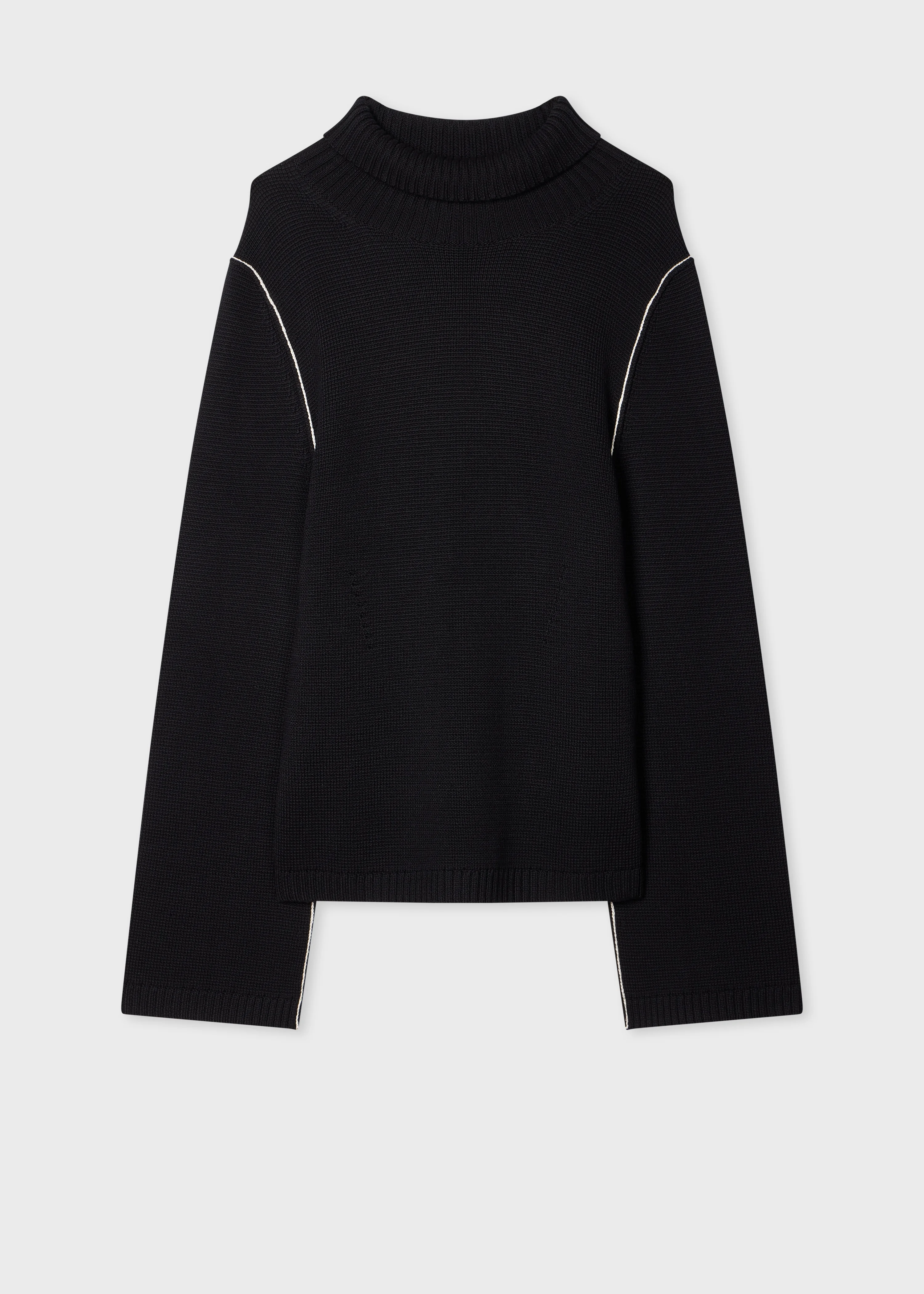Women's Black Roll Neck Knitted Sweater with Contrast Stitching - 1