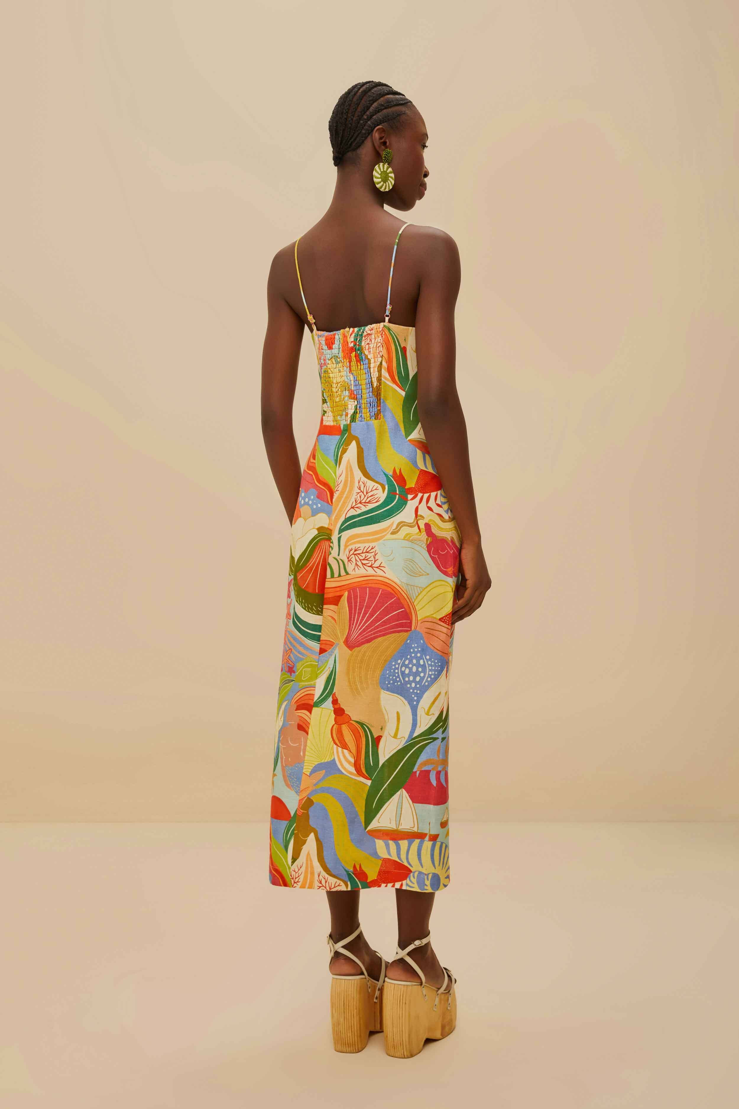 Multicolor Ocean View Twisted Cups Euroflax™ Premium Linen Midi Dress - 4