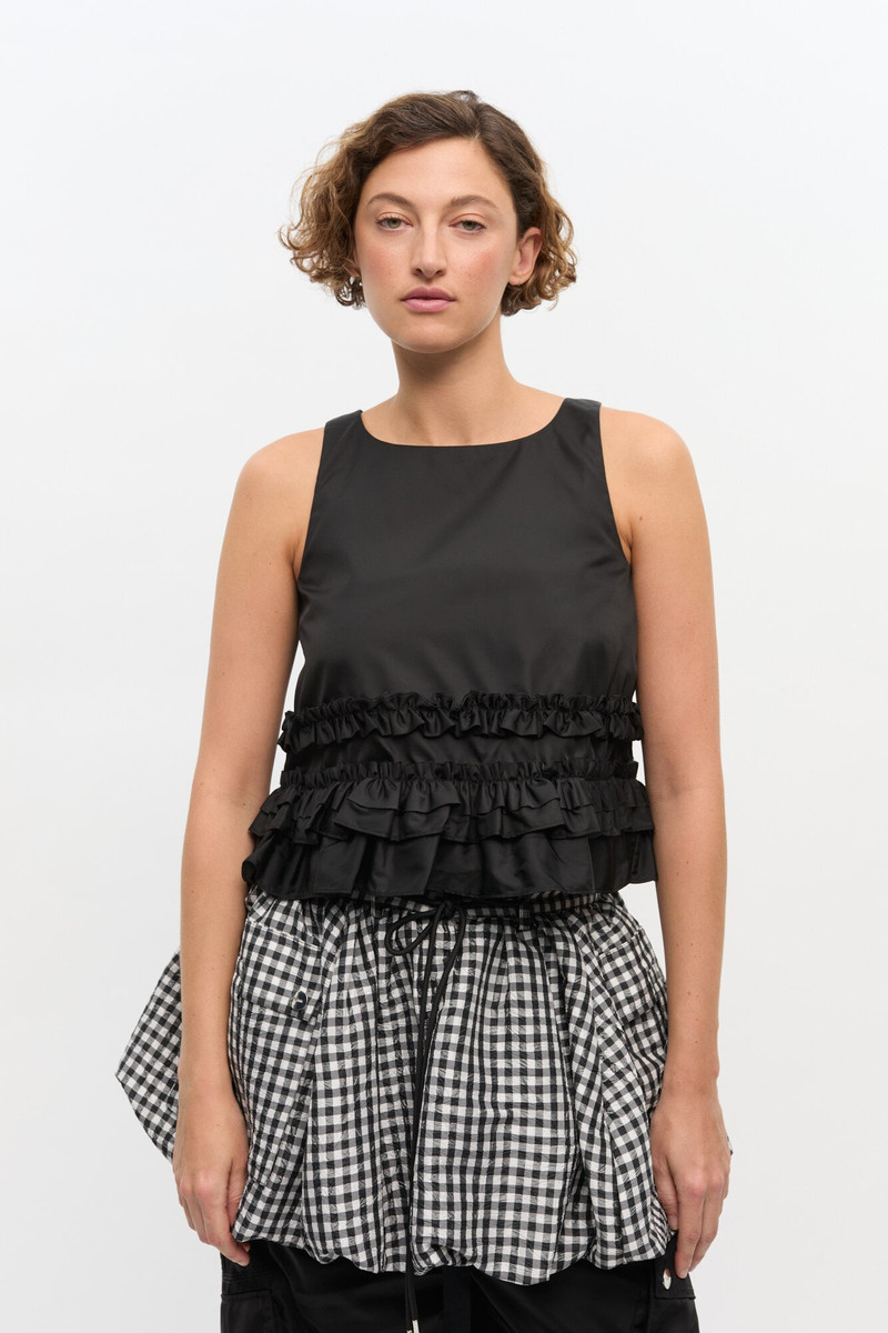 GANNI BLACK DUCHESSE NYLON FRILL TOP outlook