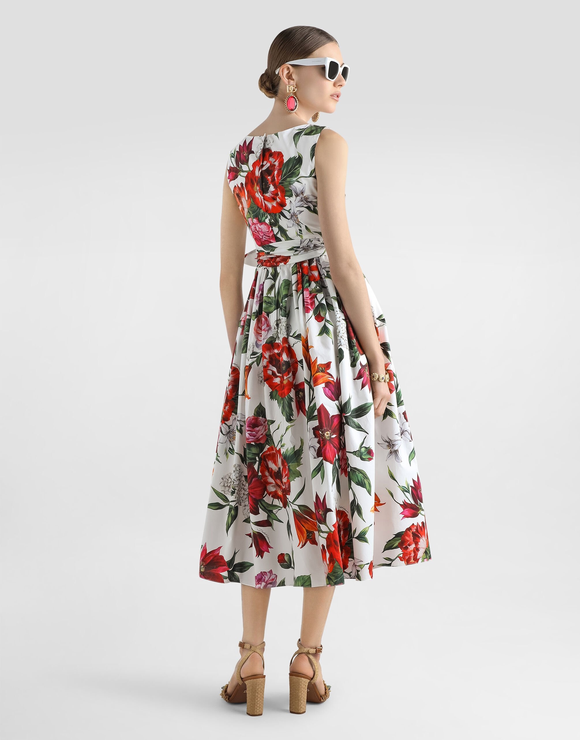 Flower-print sleeveless poplin dress - 3