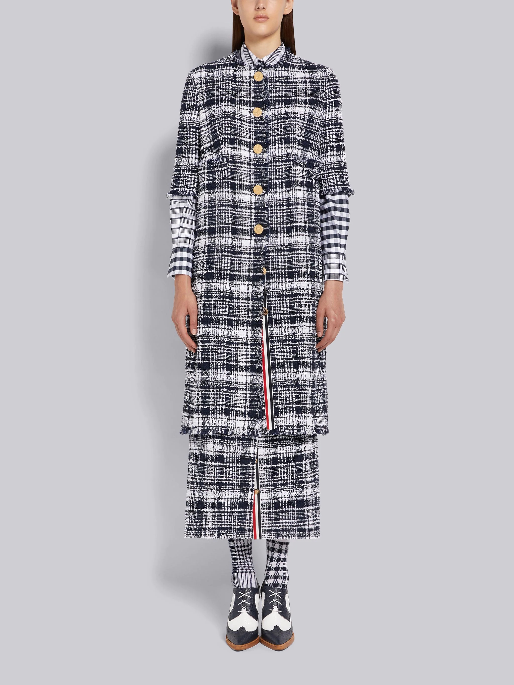Navy Hairline Madras Ribbon Tweed Frayed Unconstructed Short Sleeve Unconstructed Cardigan Overcoat - 1