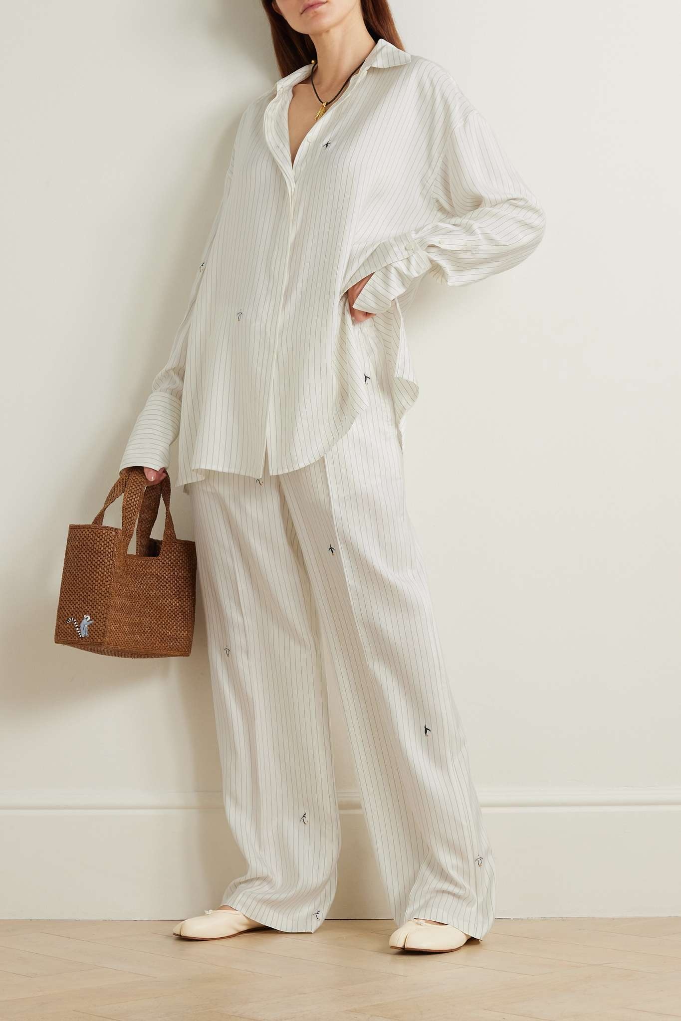 + Suna Fujita embroidered pinstriped silk and cotton-blend twill straight-leg pants - 2