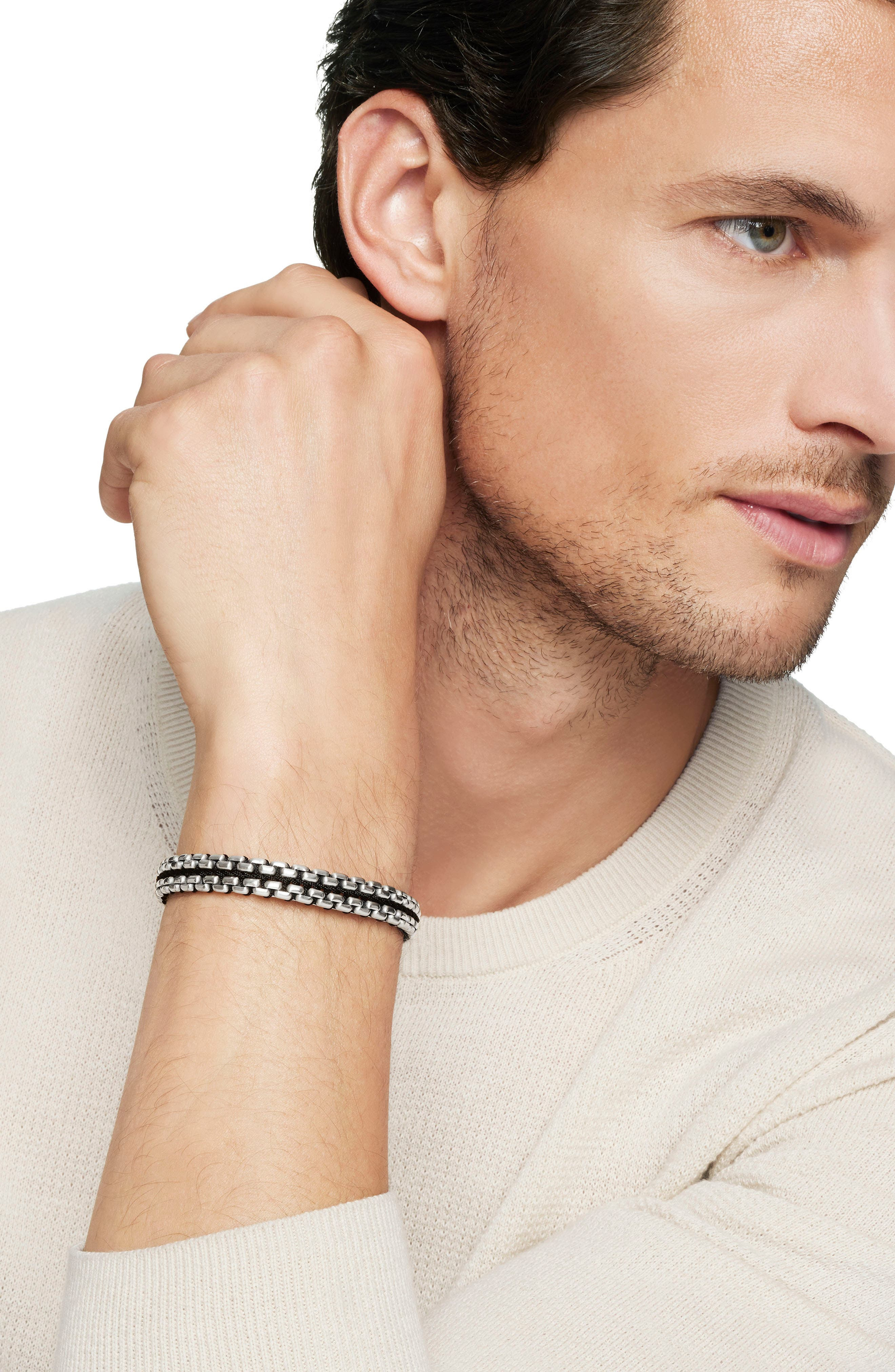 David Yurman Men's Woven Sterling Silver Box Chain Bracelet, 12mm in Silver/Black at Nordstrom - 3