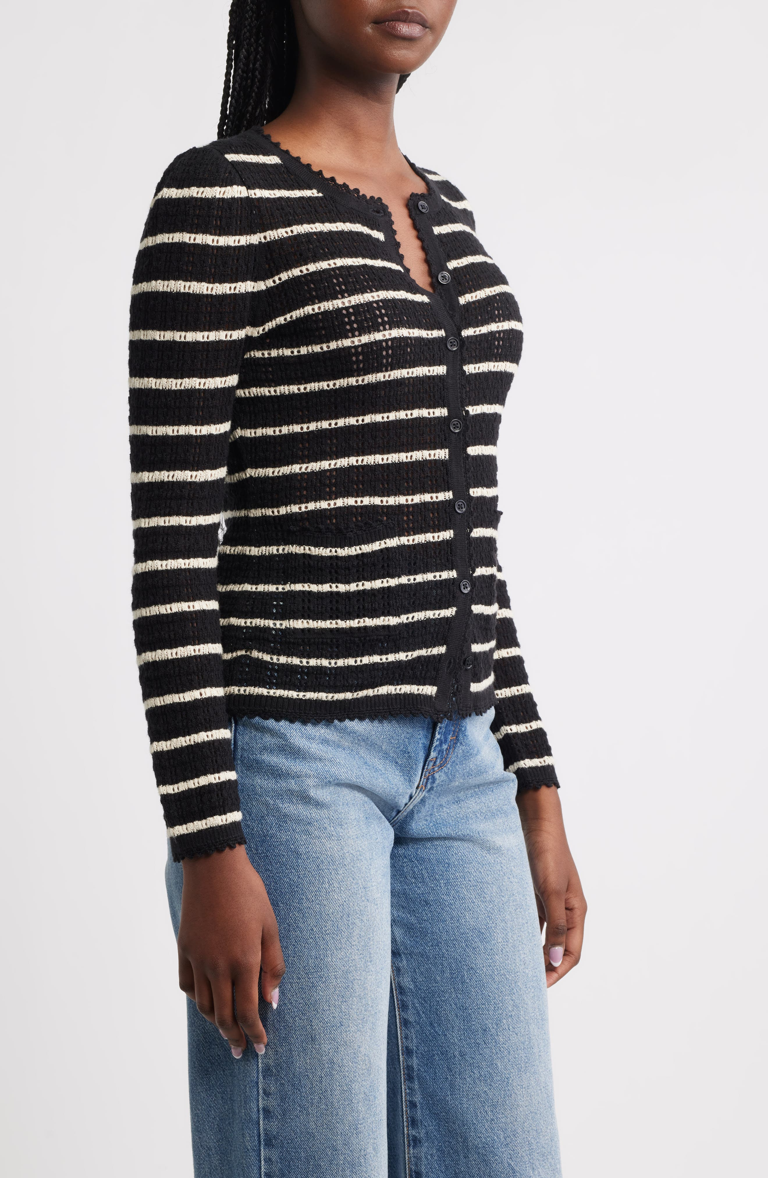 DÔEN Therese Stripe Open Knit Pima Cotton & Silk Cardigan in Noir Allaire Stripe at Nordstrom - 3