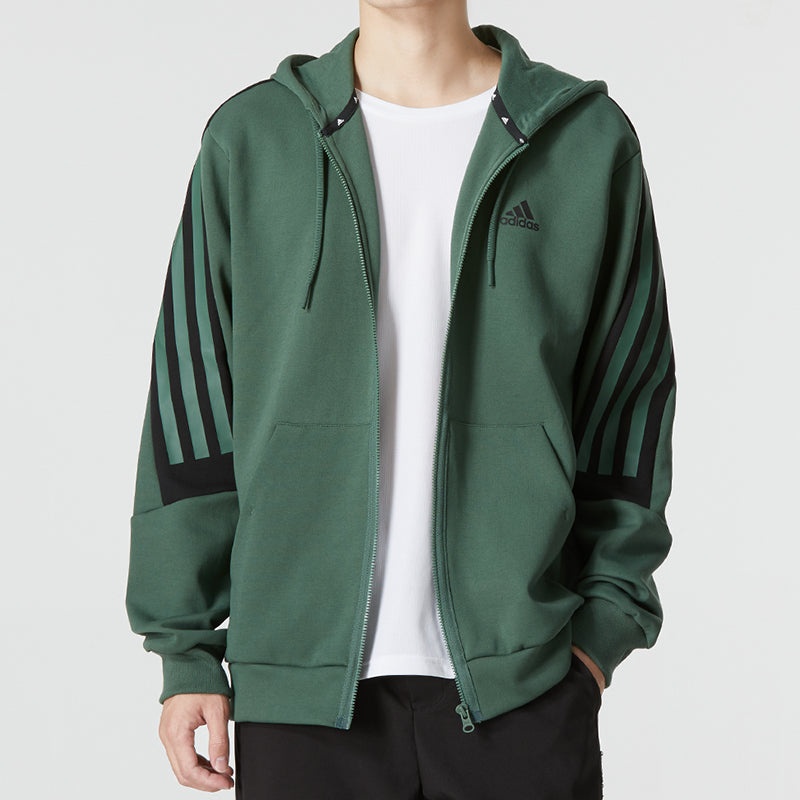 Men's adidas Stripe Logo Athleisure Casual Sports Knit Hooded Jacket Autumn Green HC5841 - 3