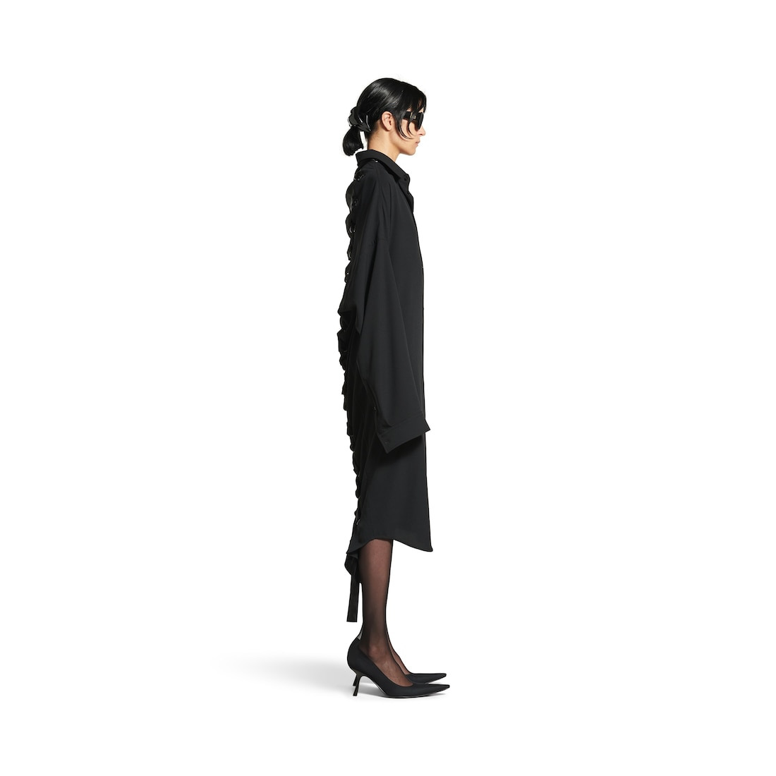 Women's Lace-up Shirt Dress in Black - 3