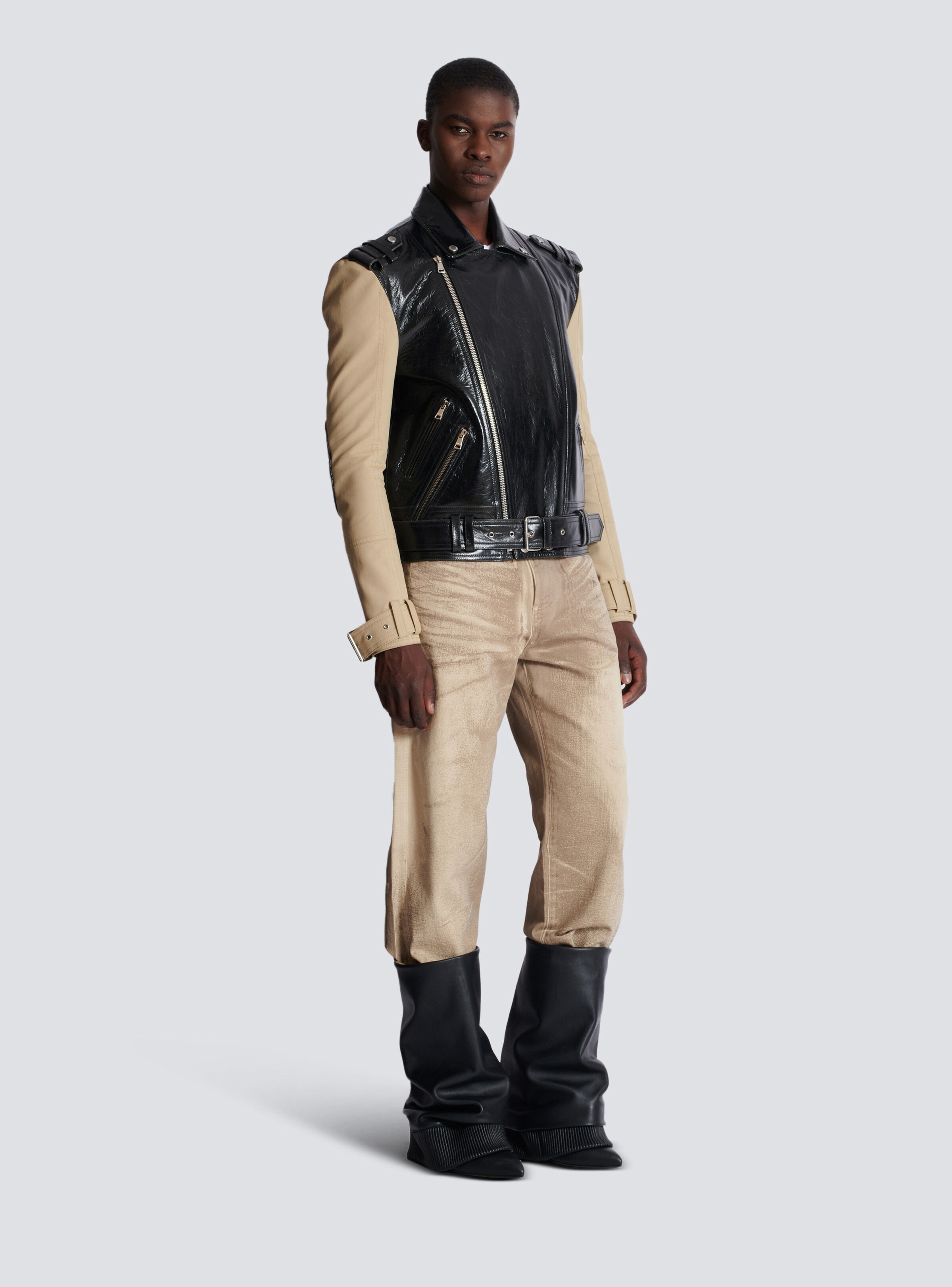 Leather and cotton biker jacket - 3
