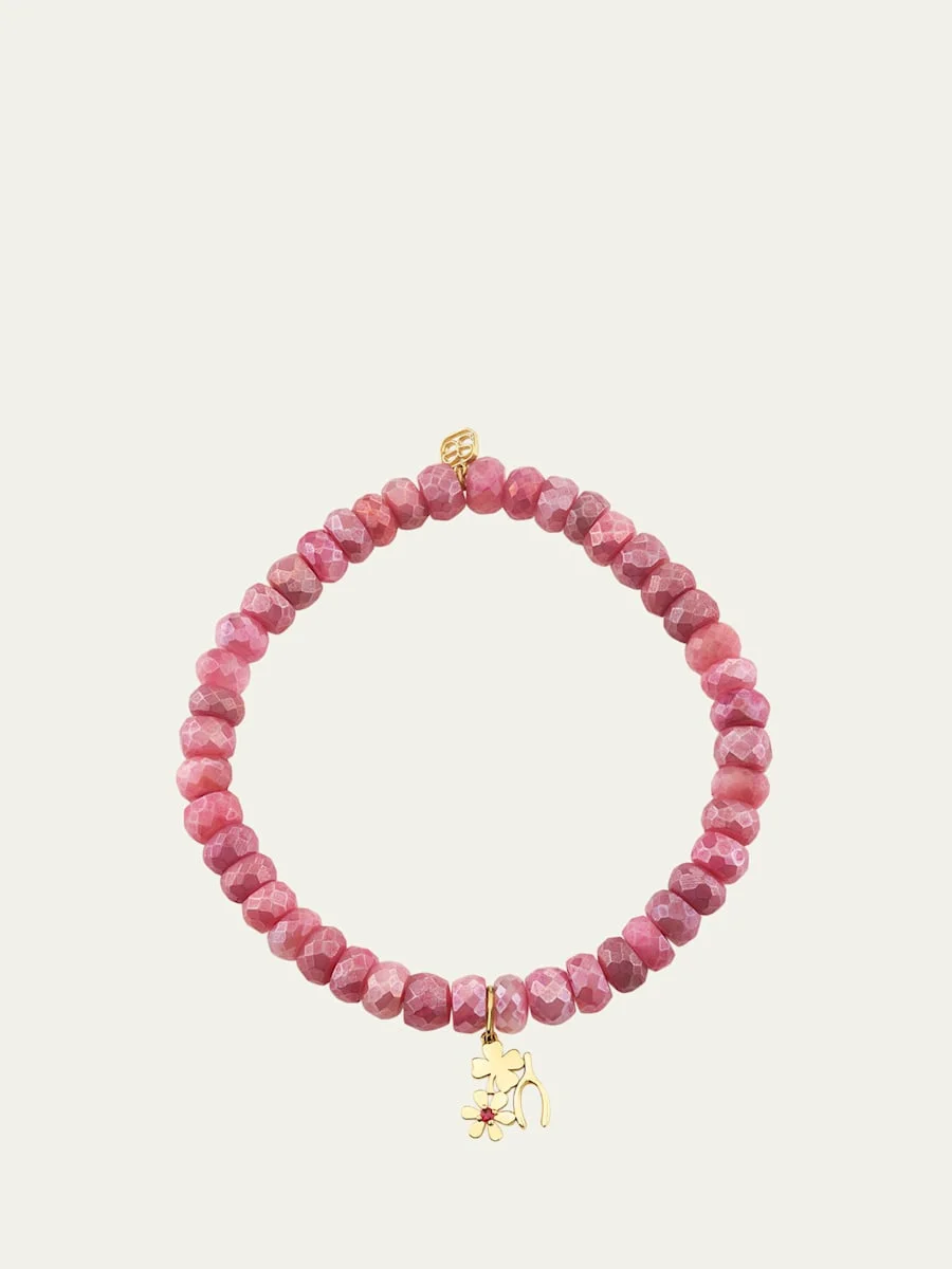 14K Lucky Ruby Charm on Moonstone Stretch Bracelet - 1