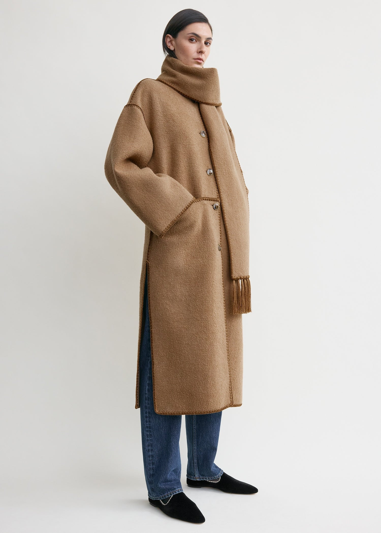 Embroidered scarf coat camel - 3
