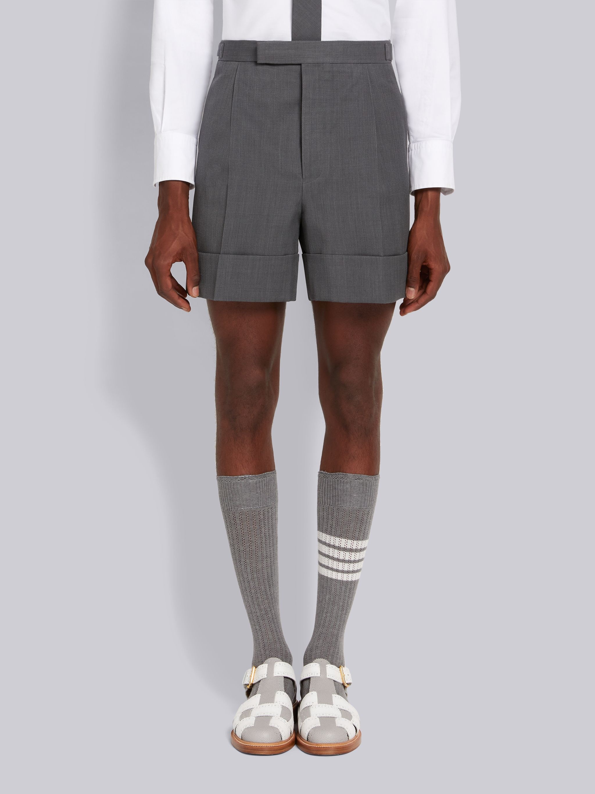 Medium Grey Wool Pique Suiting Single Pleat Shorts - 1