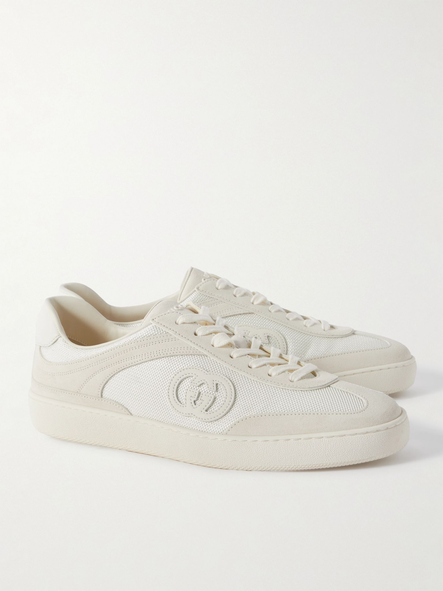 Leather-Trimmed Suede and Mesh Sneakers Off-white - 4