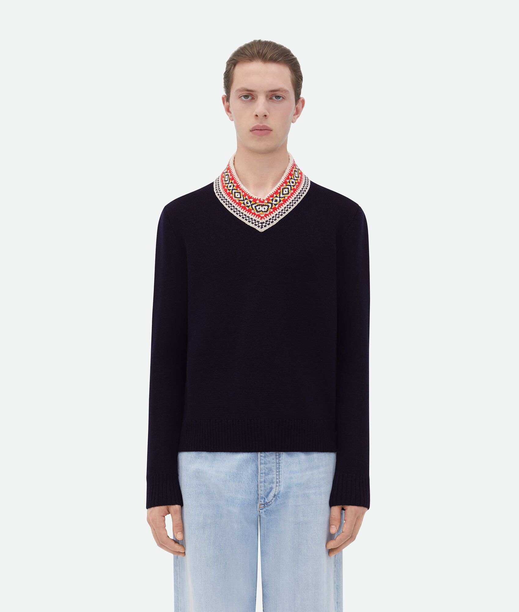 Wool Sweater With Jacquard Collar - 1