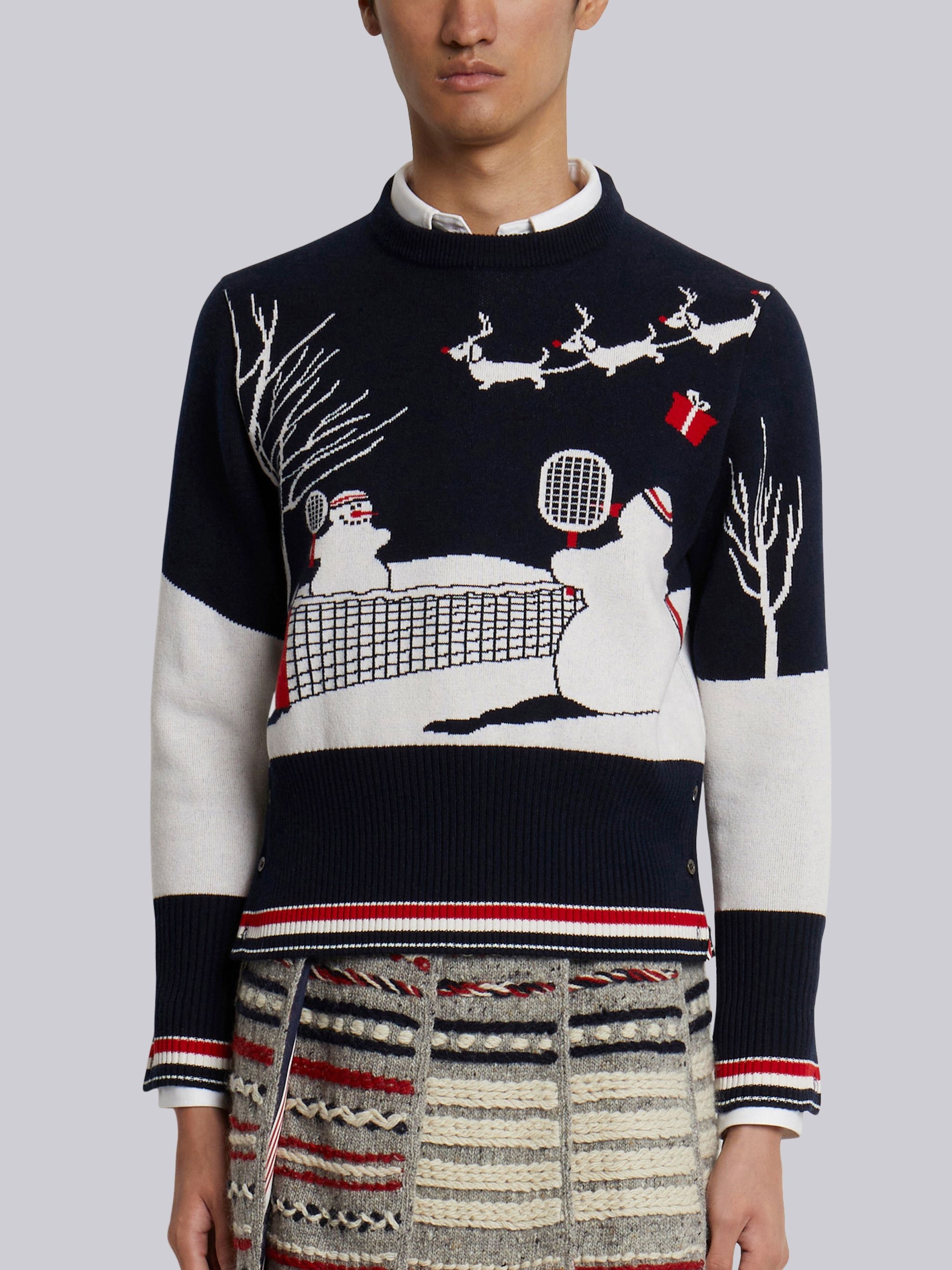 Multicolor Cashmere Snowman Tennis Scenery Jacquard Crew Neck Pullover - 1