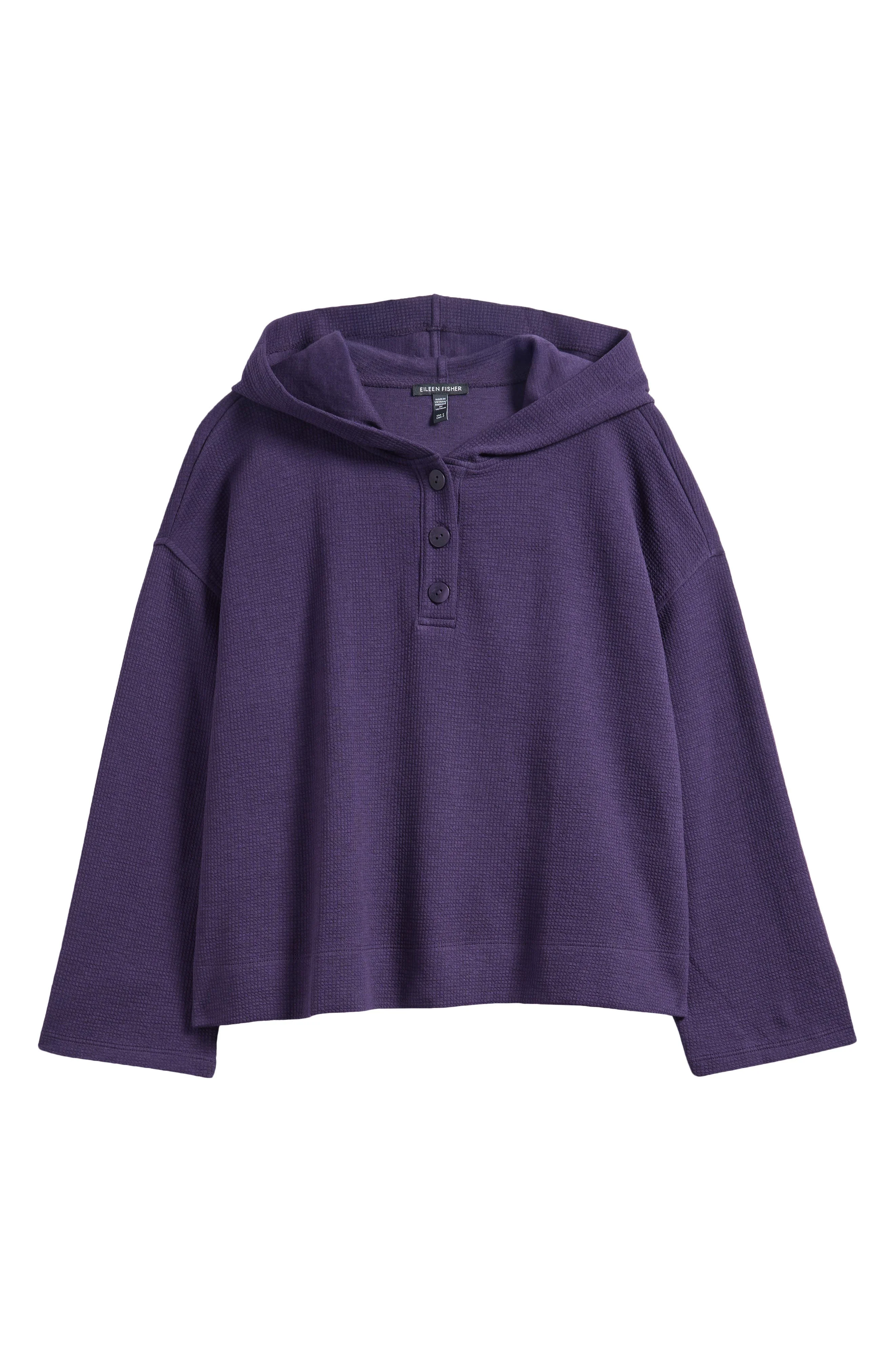 Eileen Fisher Hooded Cotton Blend Thermal Knit Top in Aubergine at Nordstrom - 1