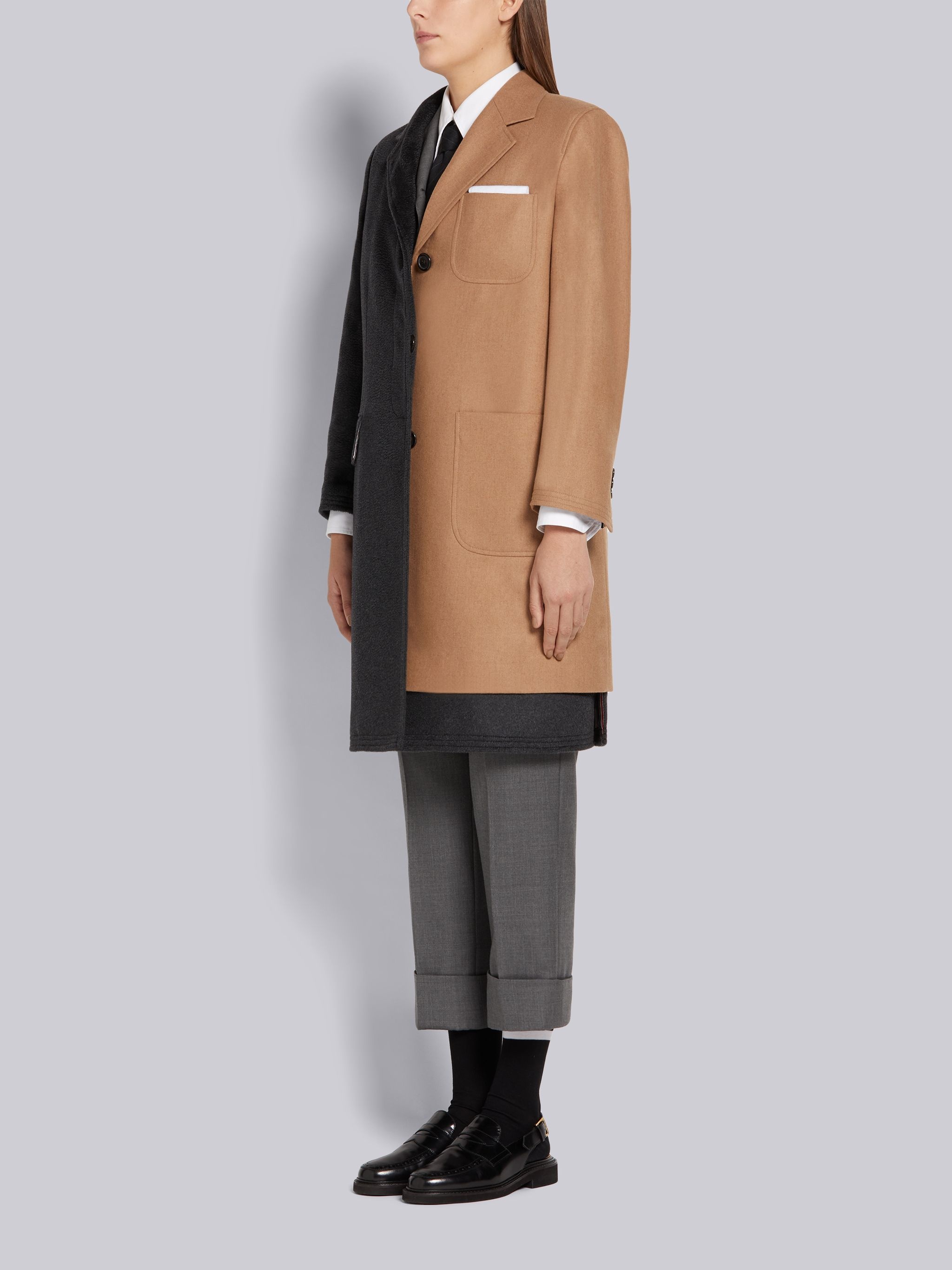 Dark Grey and Camel Zibeline Finish Coat Weight Cashmere 2-in-1 Single Breasted Overcoat - 2