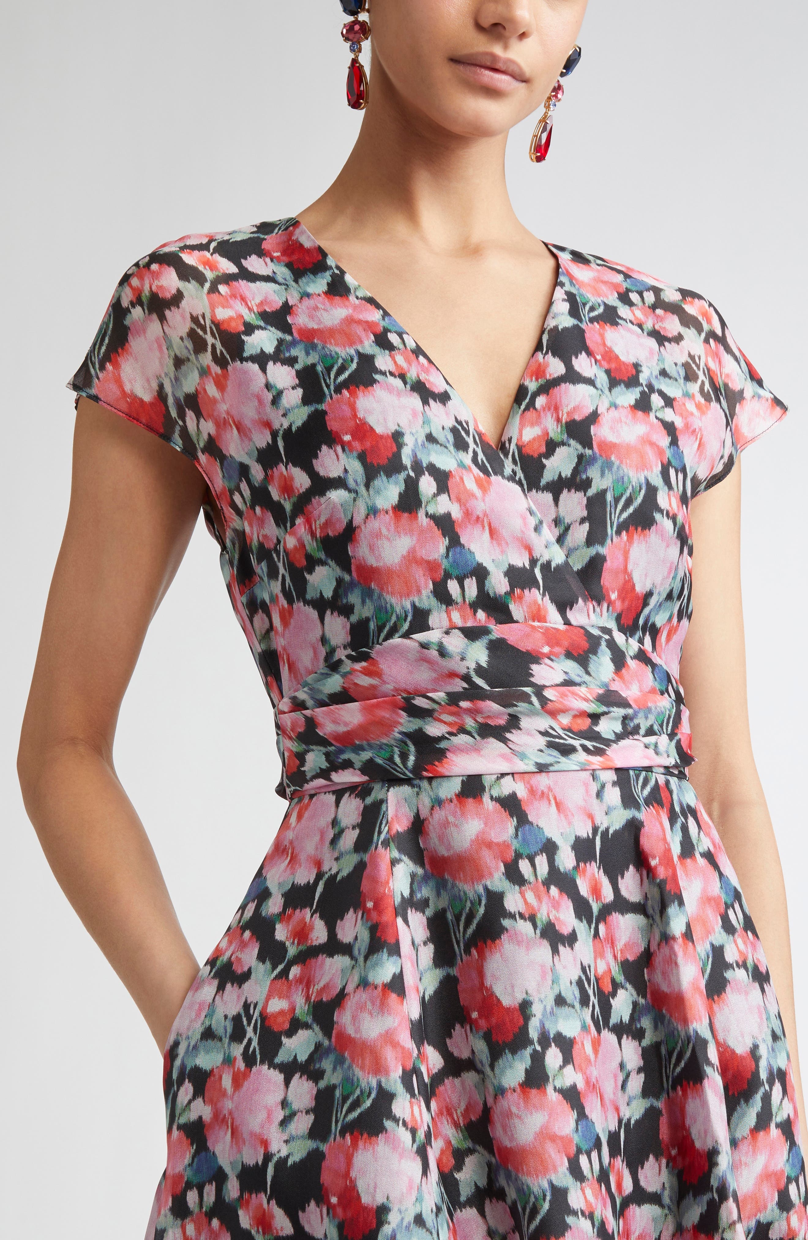 Carolina Herrera Peony Print Cap Sleeve Silk Organza Midi Dress in Pink Multi at Nordstrom - 4