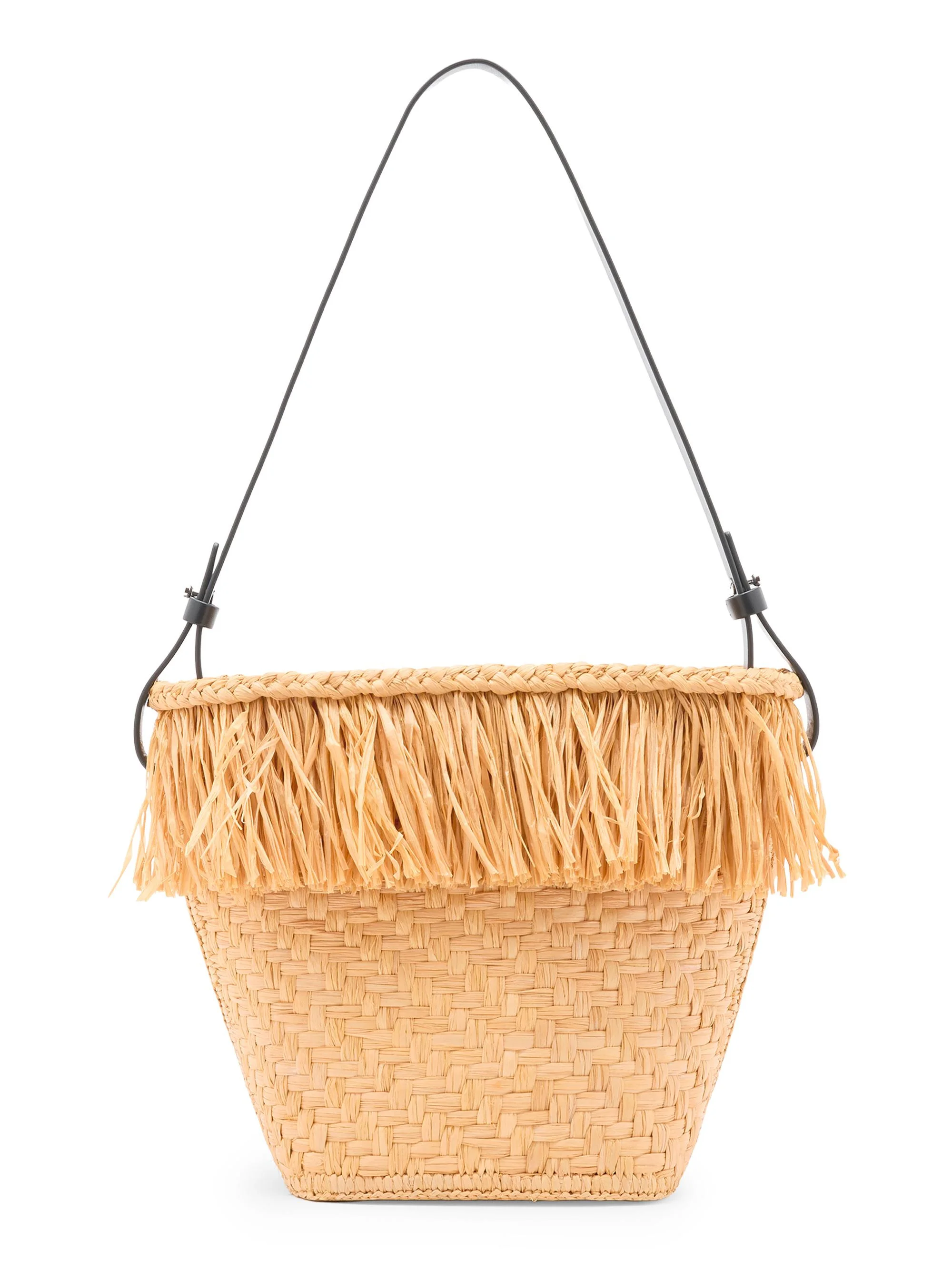 Women's Small Fringe Raffia Bucket Bag - Sand - 1