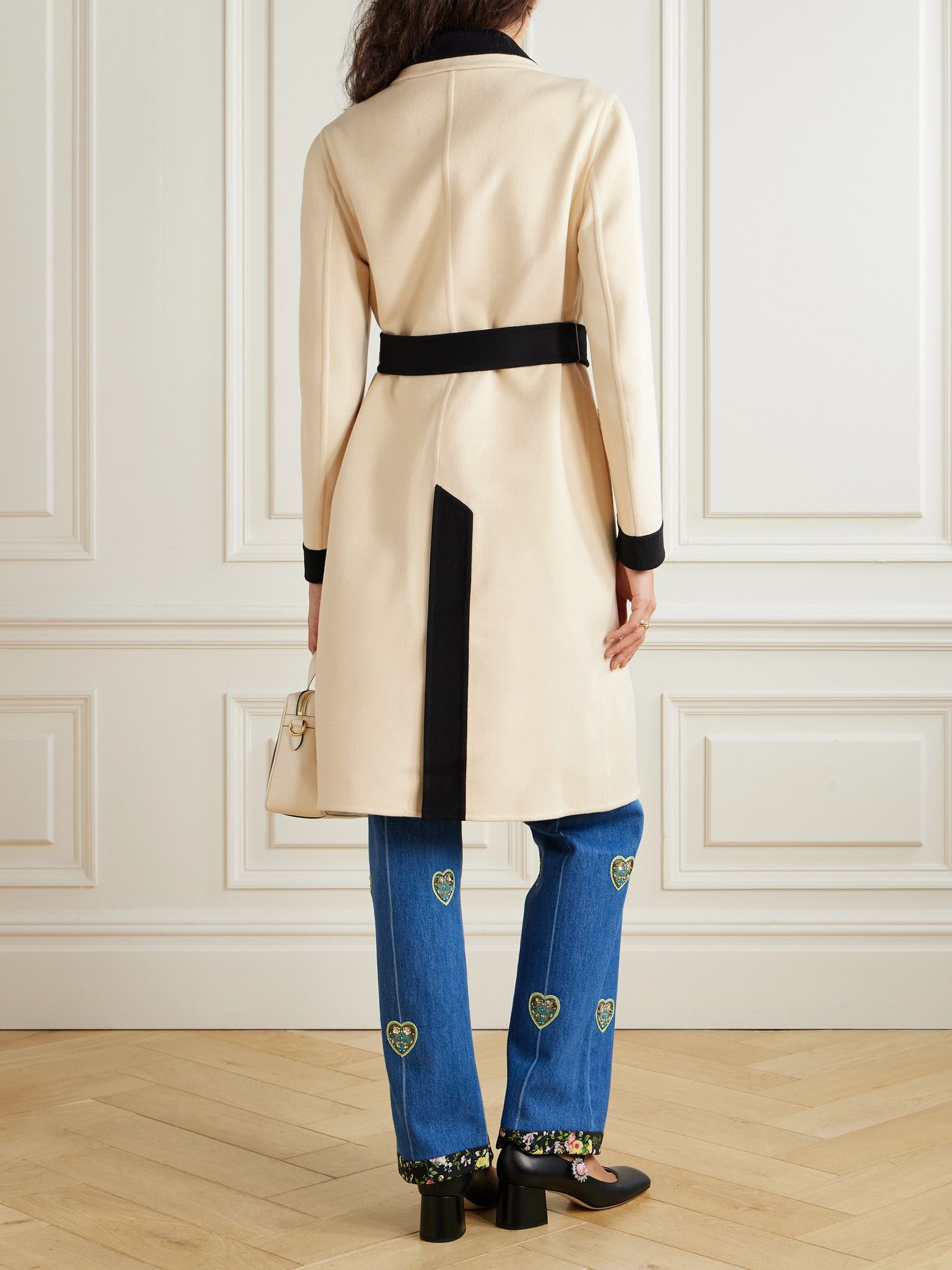 Belted two-tone brushed wool and cashmere-blend coat Cream - 4