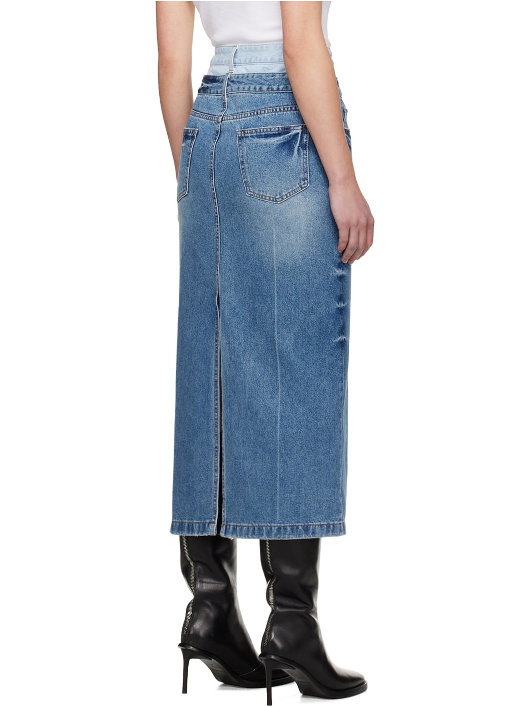 Blue Double Waist Denim Midi Skirt - 3