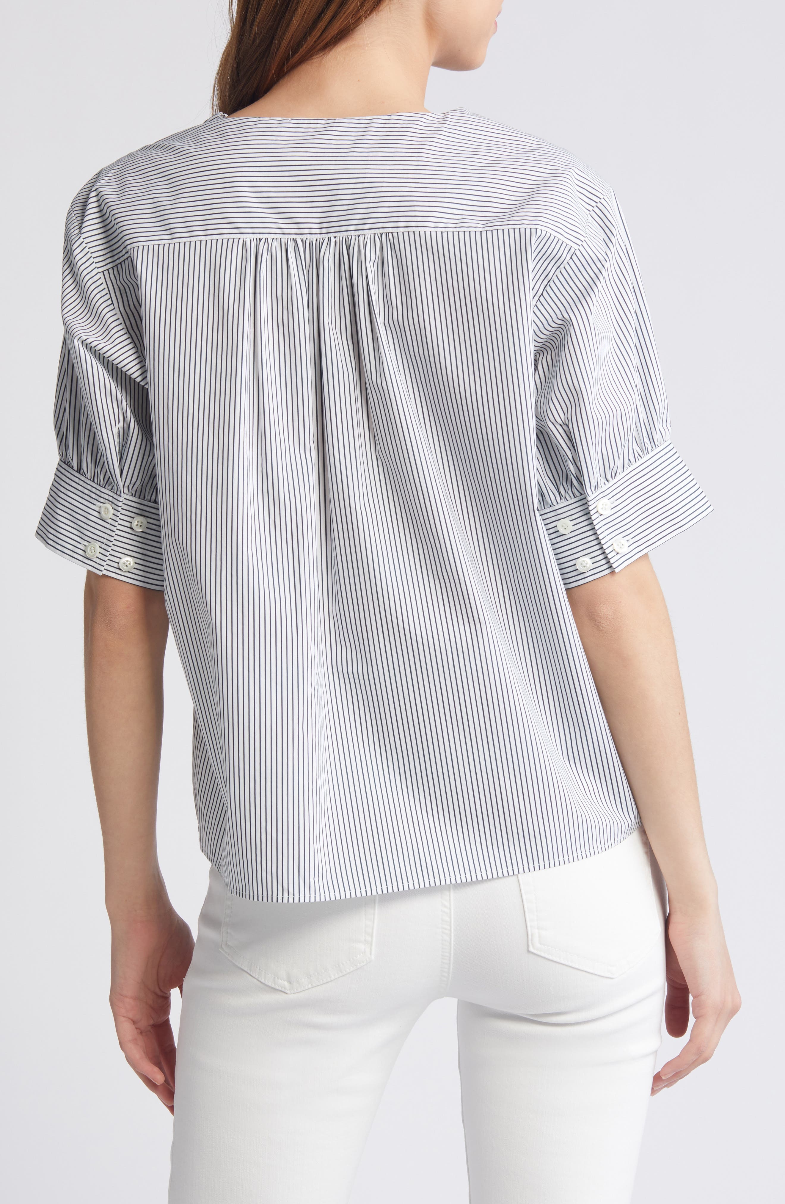 Stripe Split Neck Organic Cotton Popover Top - 2