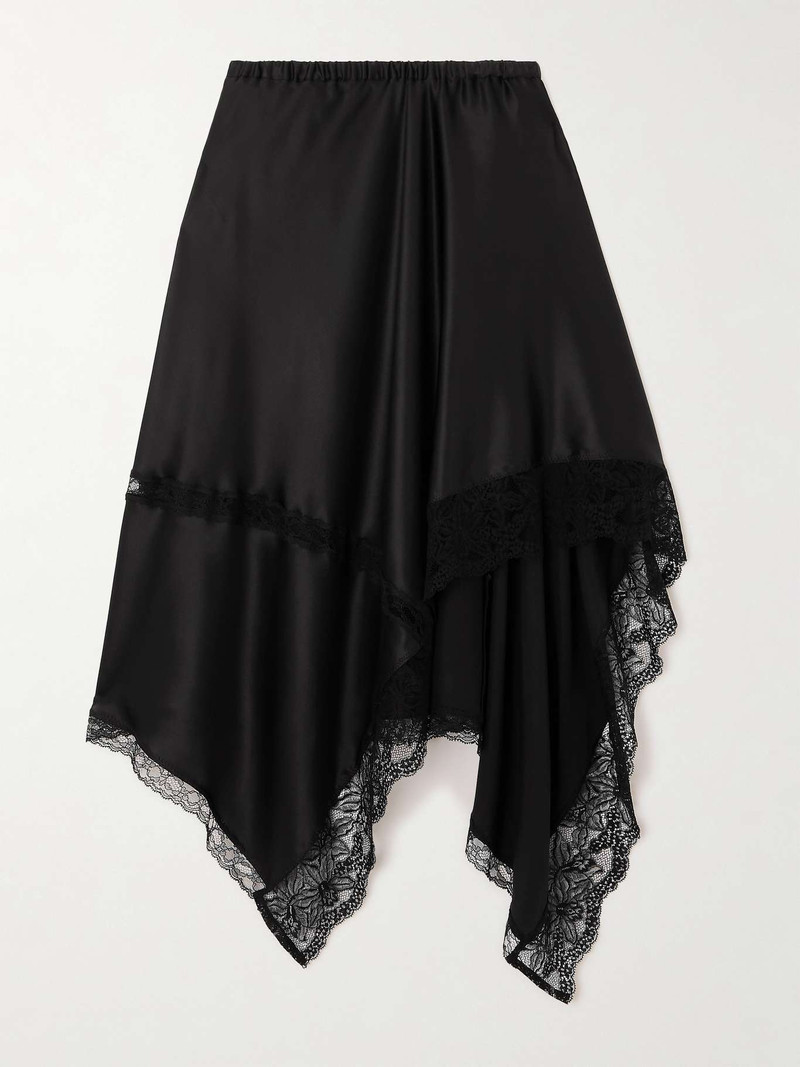 Asymmetric lace-trimmed silk-blend satin midi skirt Black 1