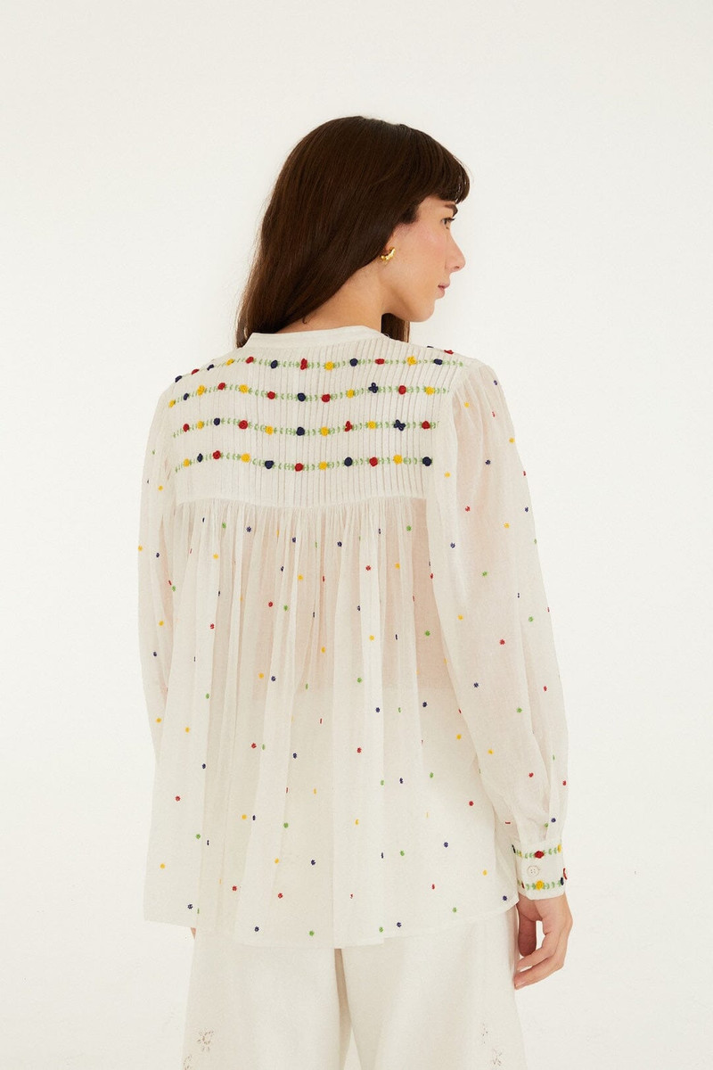 Off-White Embroidered Beads Organic Cotton Long Sleeve Blouse 3