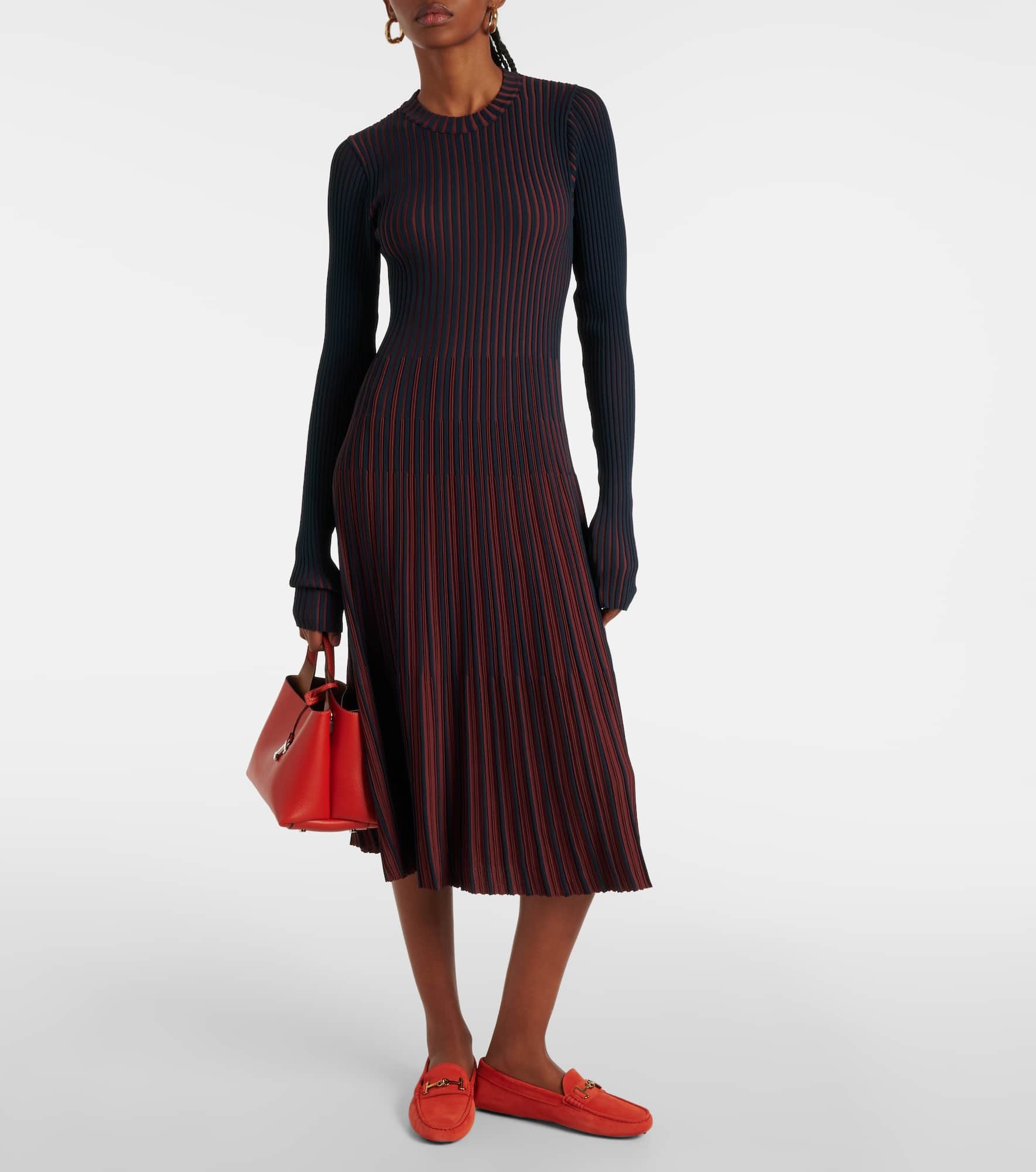 Striped ribbed-knit pleated midi dress - 2