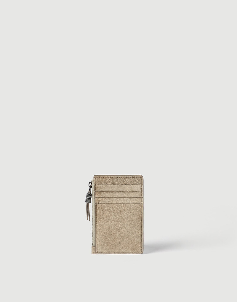 Brunello Cucinelli Suede card case with shiny zipper pull outlook