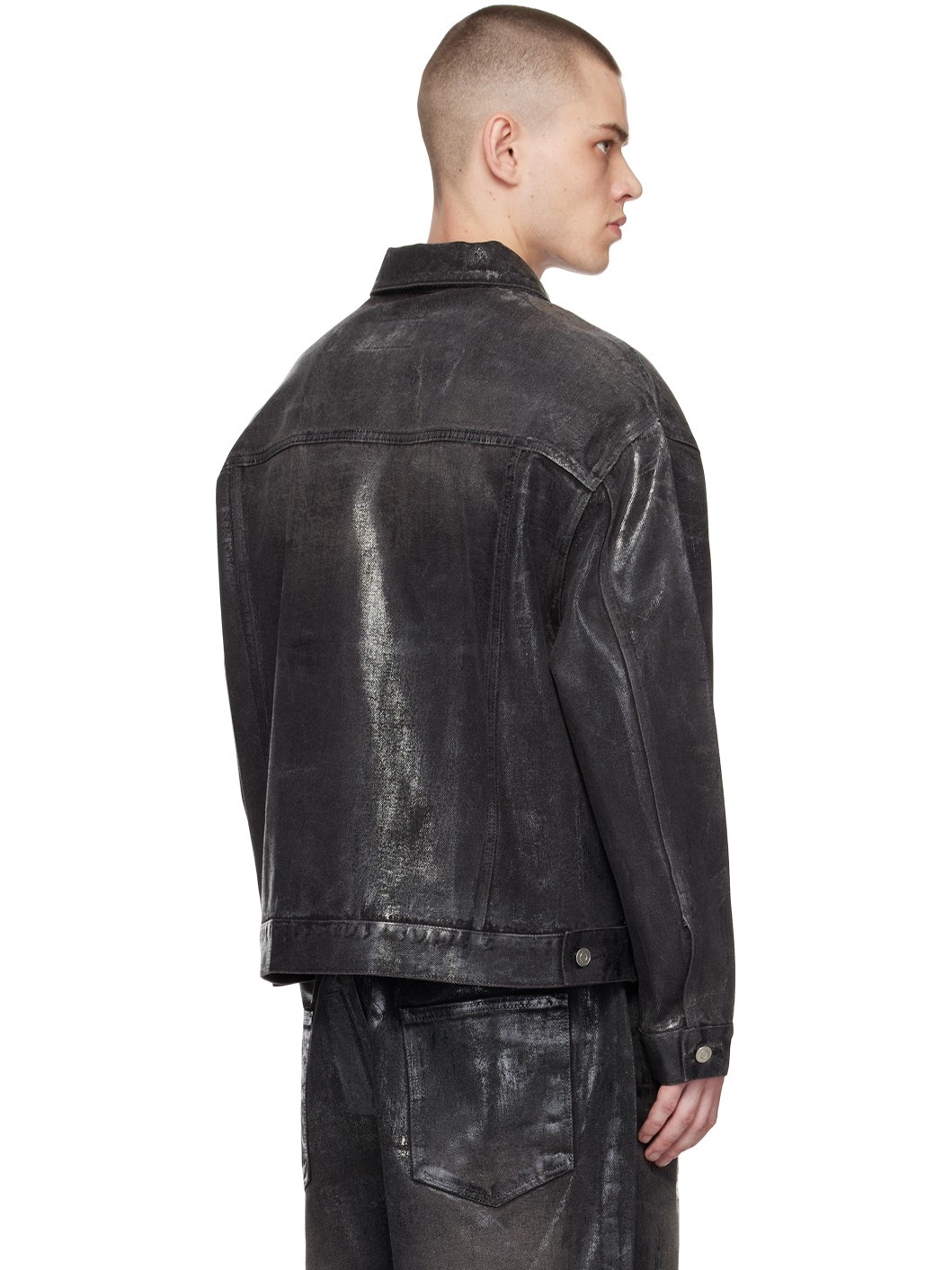 Black Foil Coated Trucker Denim Jacket - 3