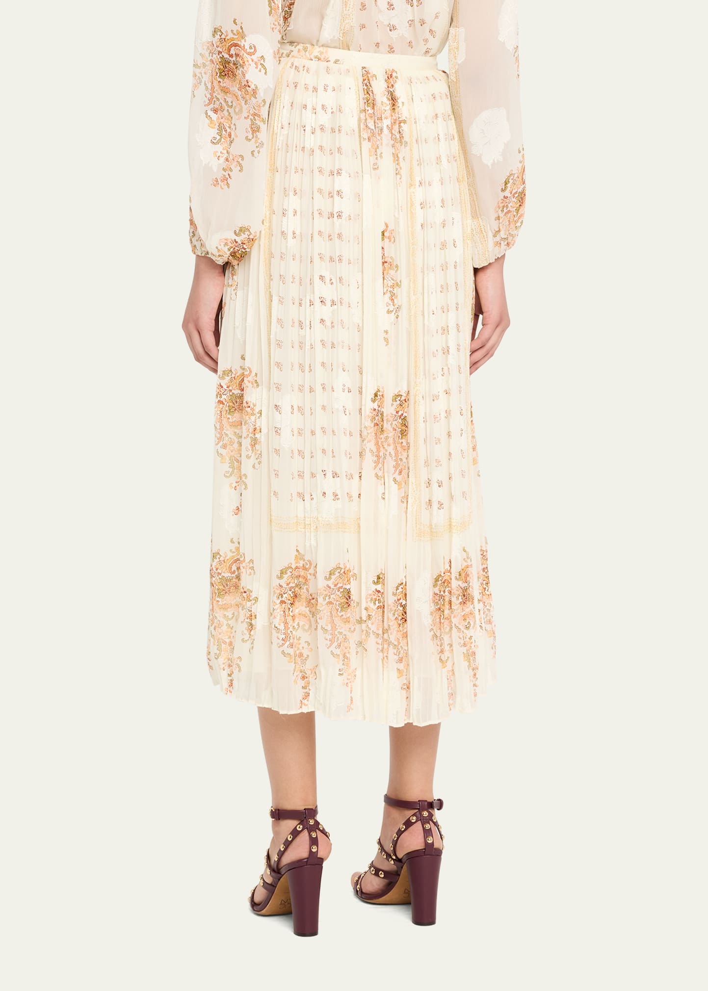 Brion Pleated Floral Silk Lace Midi Skirt - 3