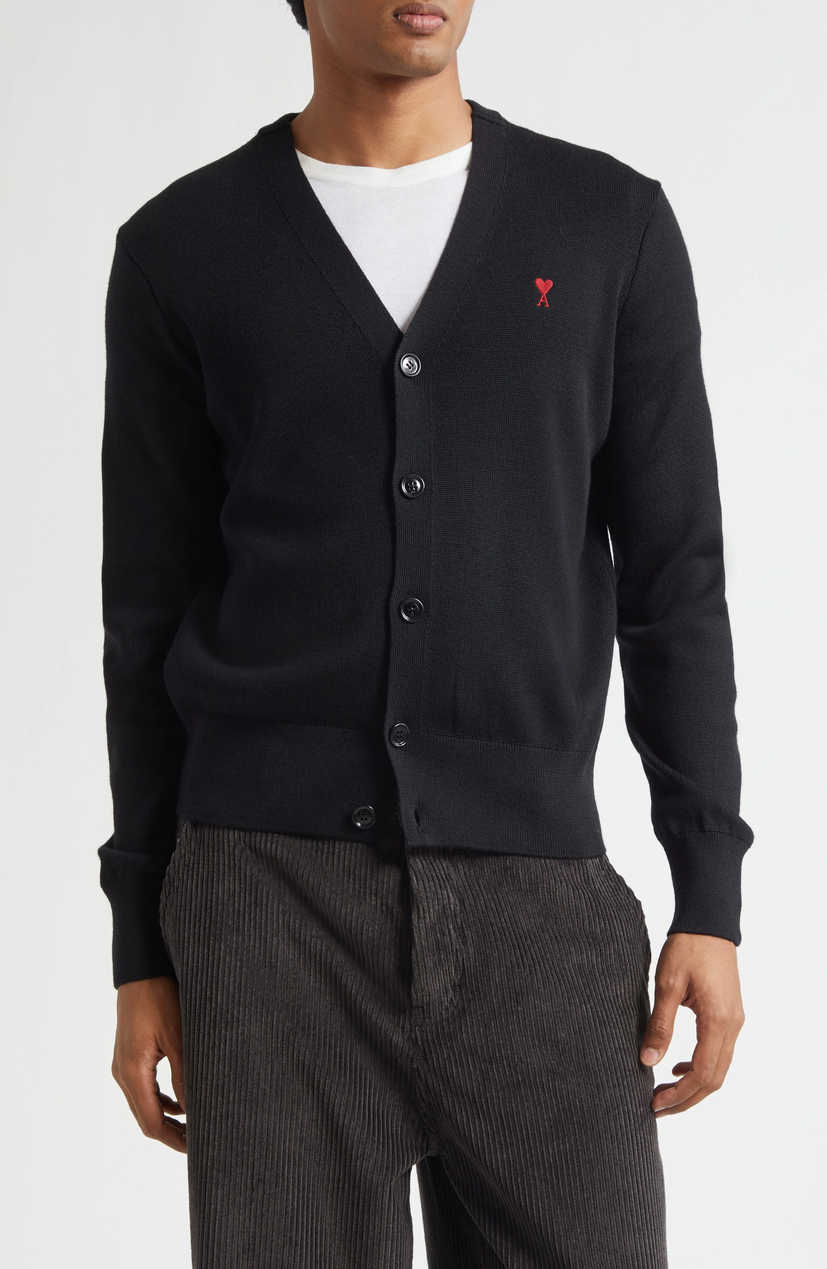 AMI PARIS Ami de Coeur Patch Merino Wool Cardigan in Noir/Rouge at Nordstrom - 1