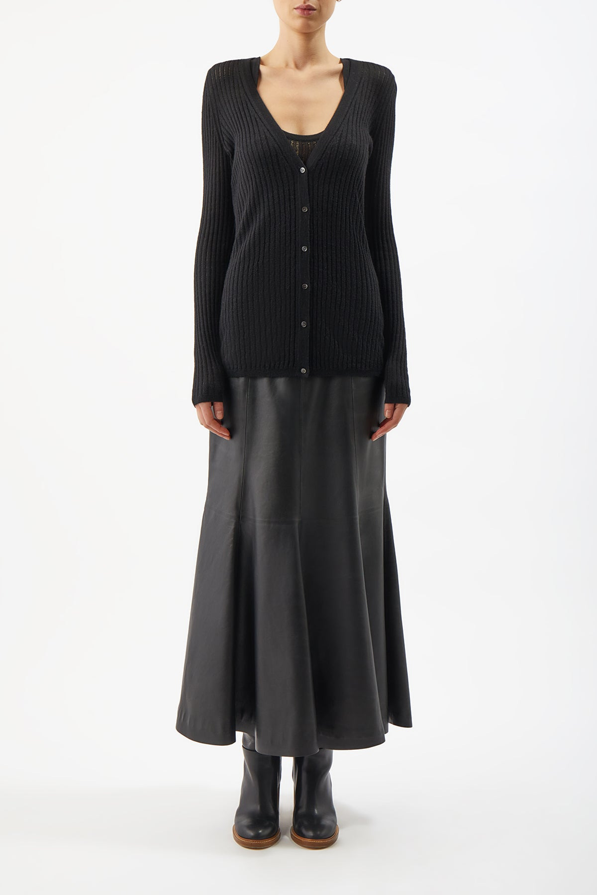 Emma Pointelle Cardigan in Black Silk Cashmere - 2