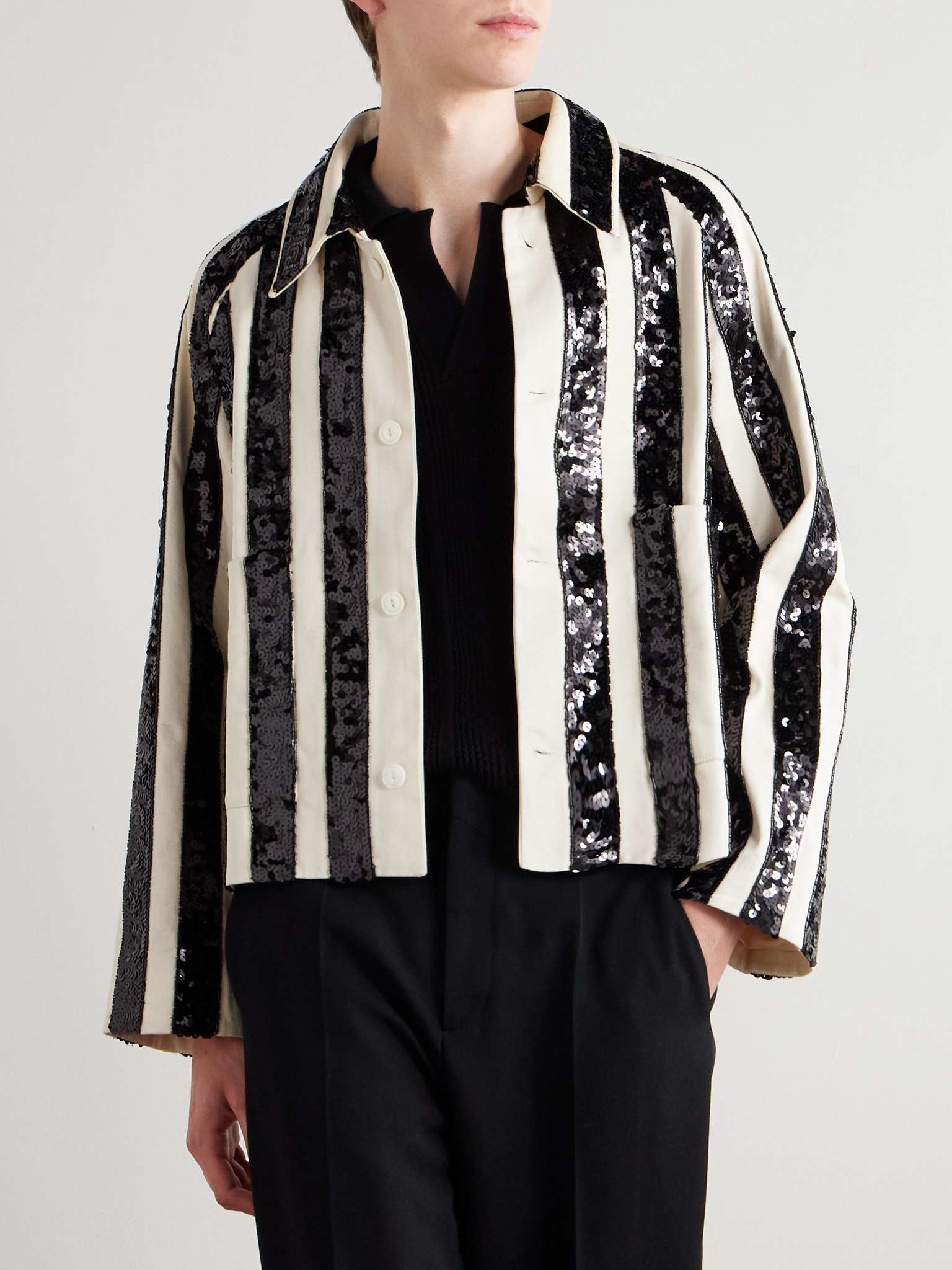Cropped Sequinned Striped Woven Jacket - 3