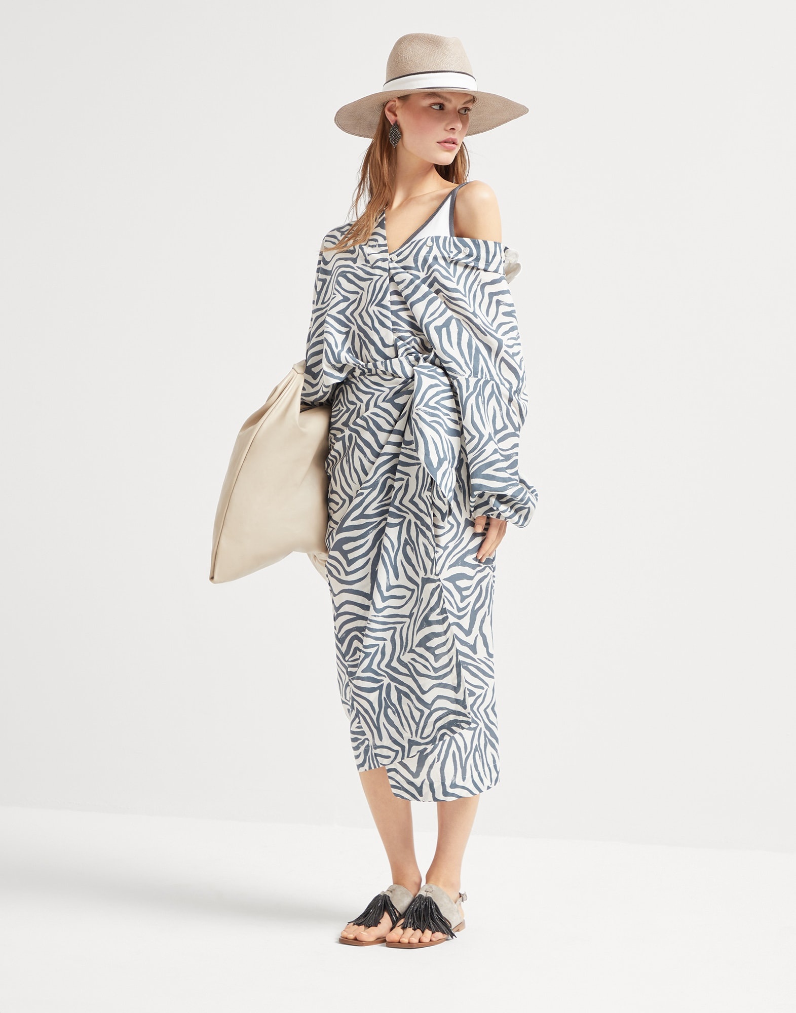 Cotton and silk ethnic print poplin shirt dress with monili - 5