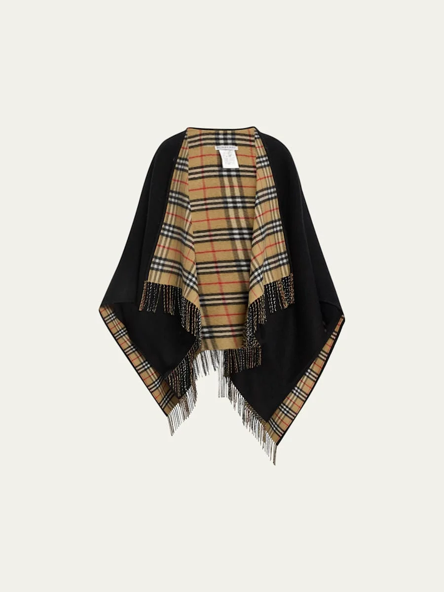 Vintage-Style Check Fringed Wool Cape - 1
