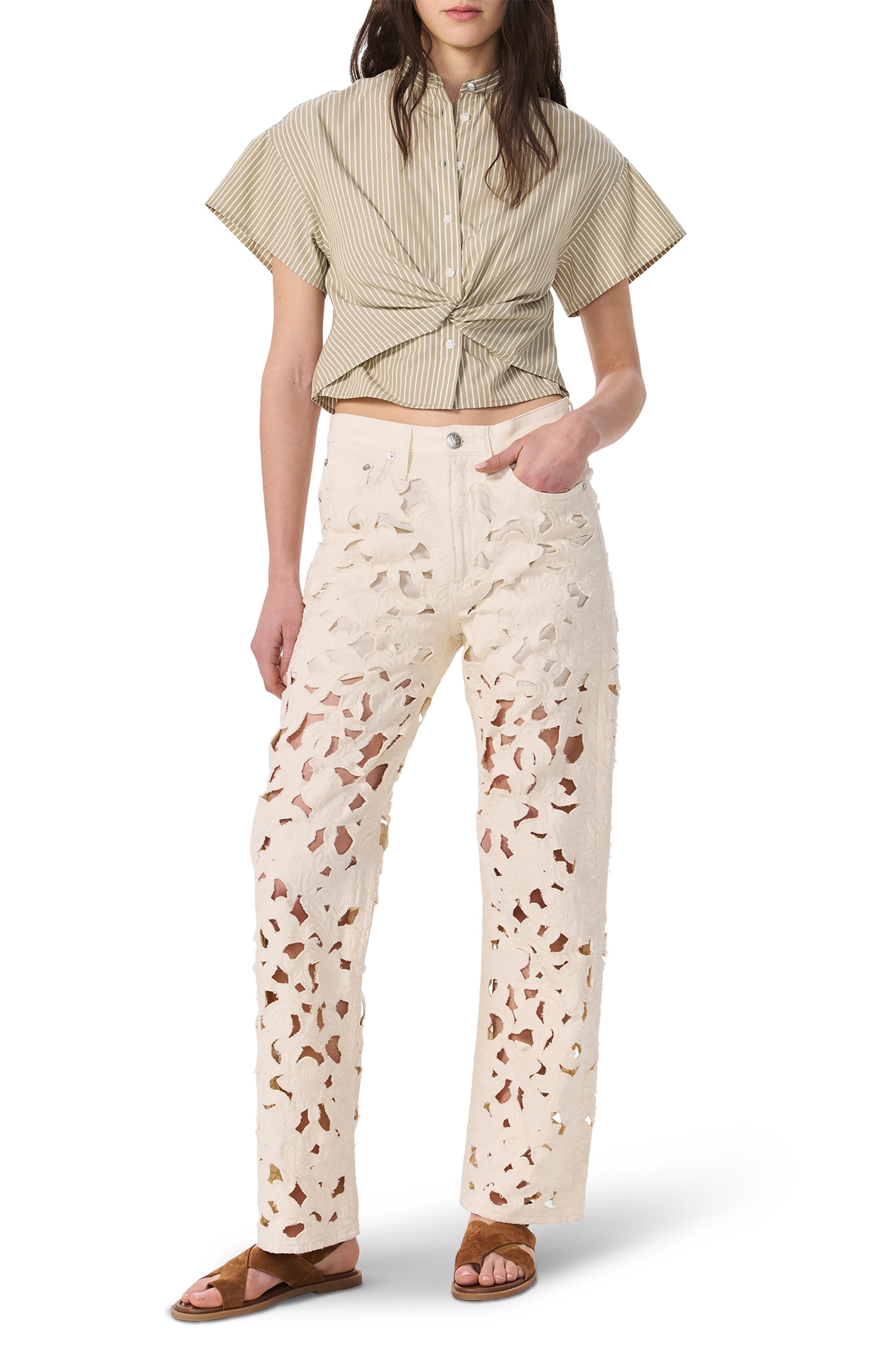 rag & bone Logan Floral Cutout Mid Rise Wide Leg Jeans in Ecru at Nordstrom - 5