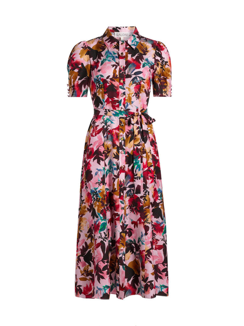 Women's Vanessa Floral Silk Tie-Waist Shirtdress - Watercolour Flourish 1