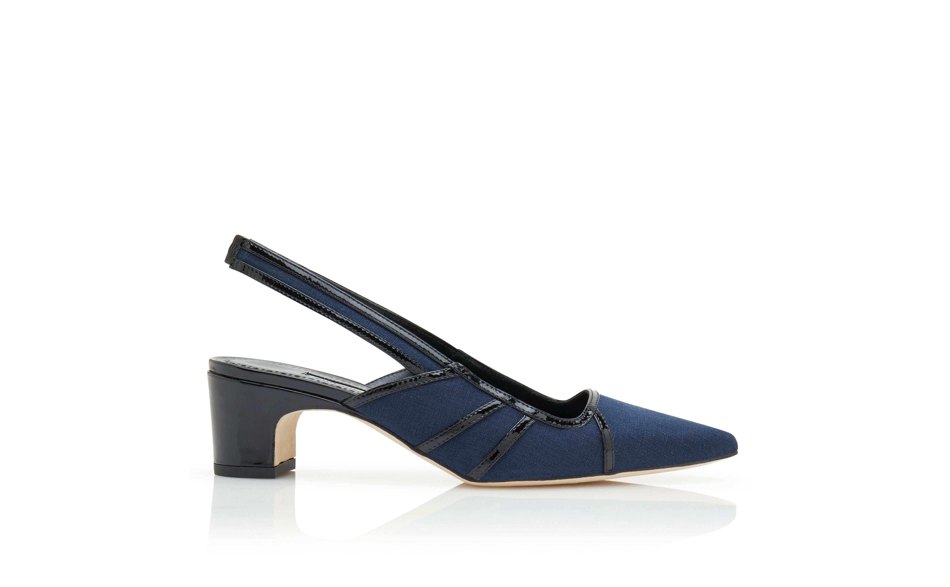 Navy Blue and Black Linen Geometric Slingback Pumps - 1